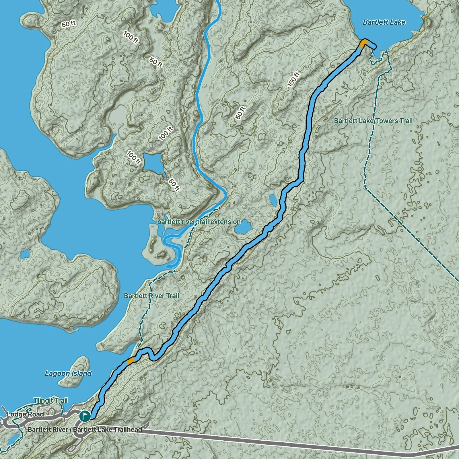 Terrain map of Bartlett Lake Trail in Glacier Bay National Park and Preserve