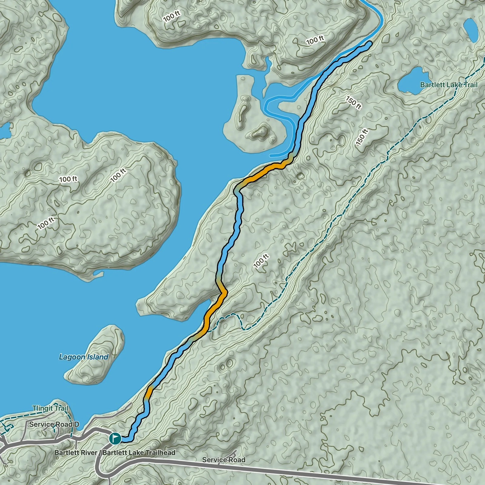 Terrain map of Bartlett River Trail in Glacier Bay National Park and Preserve