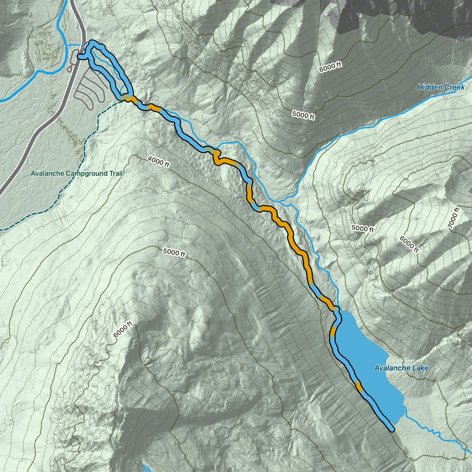Terrain map of Avalanche Lake Trail in Glacier National Park