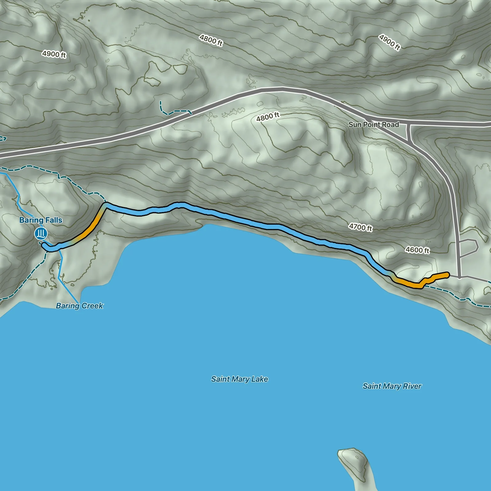 Terrain map of Baring Falls Trail in Glacier National Park