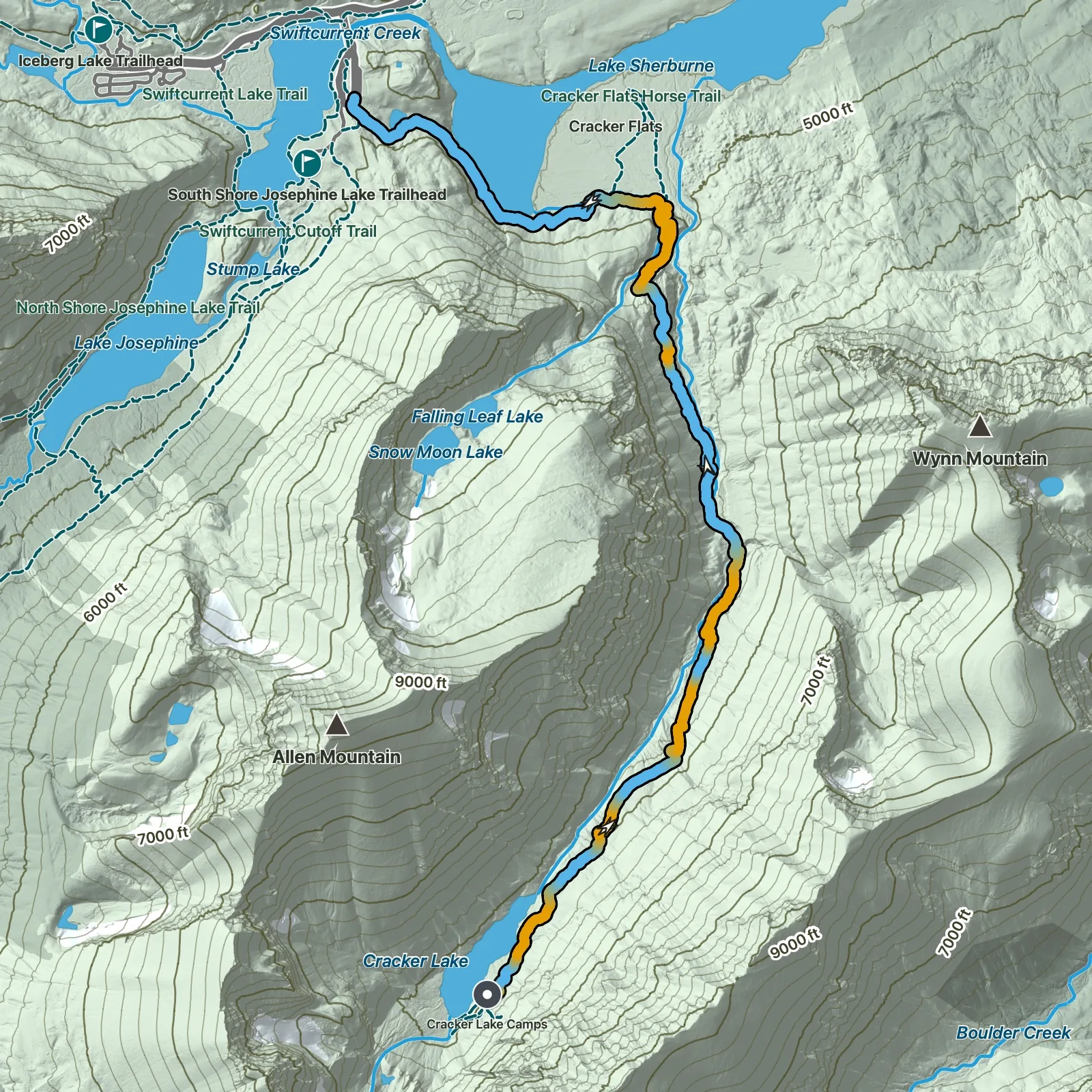 Terrain map of Cracker Lake Trail in Glacier National Park