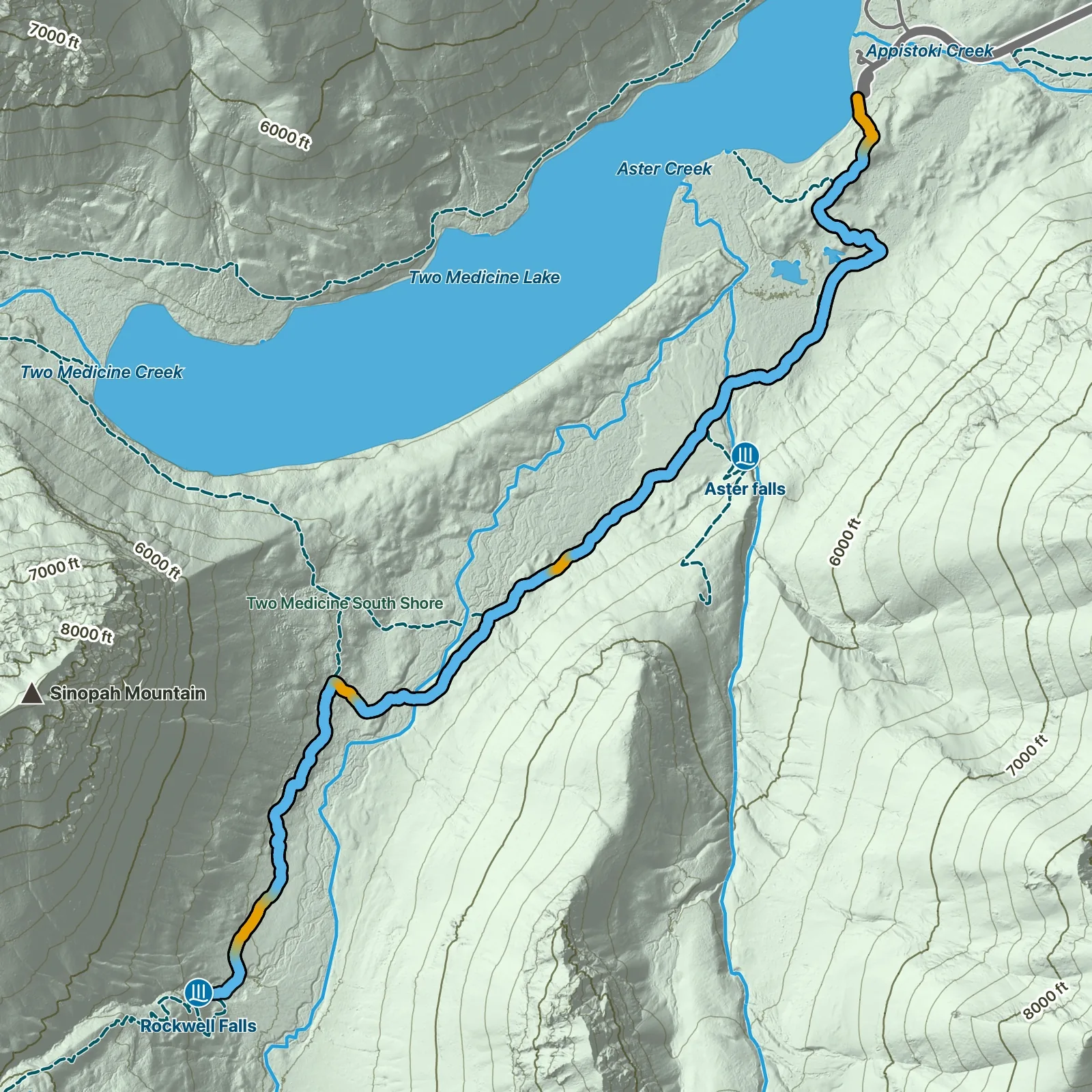 Terrain map of Rockwell Falls Trail in Glacier National Park