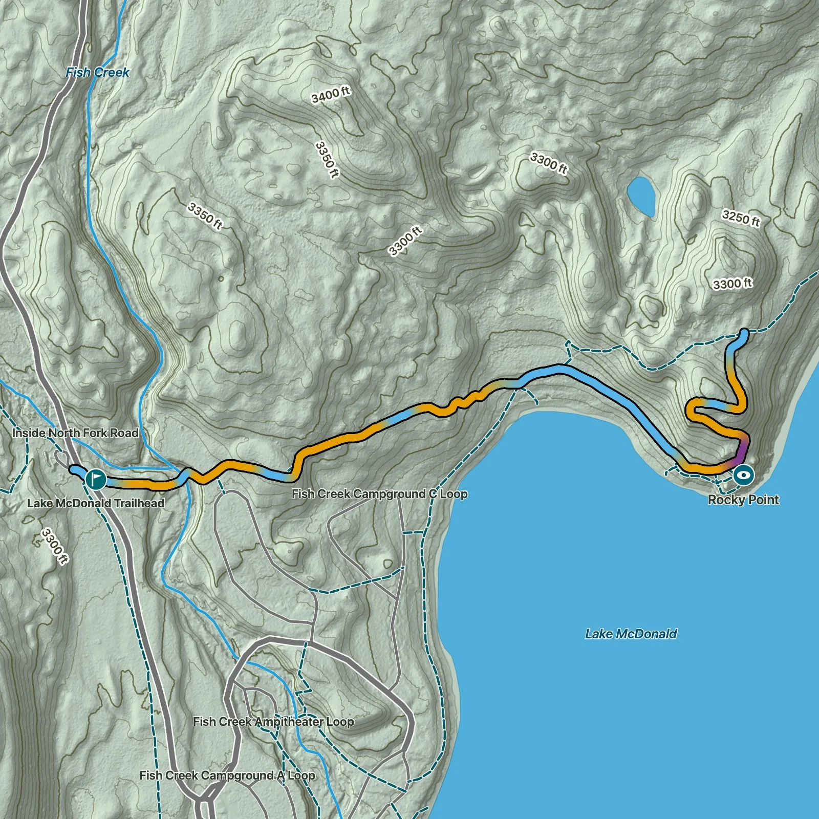 Terrain map of Rocky Point Trail in Glacier National Park