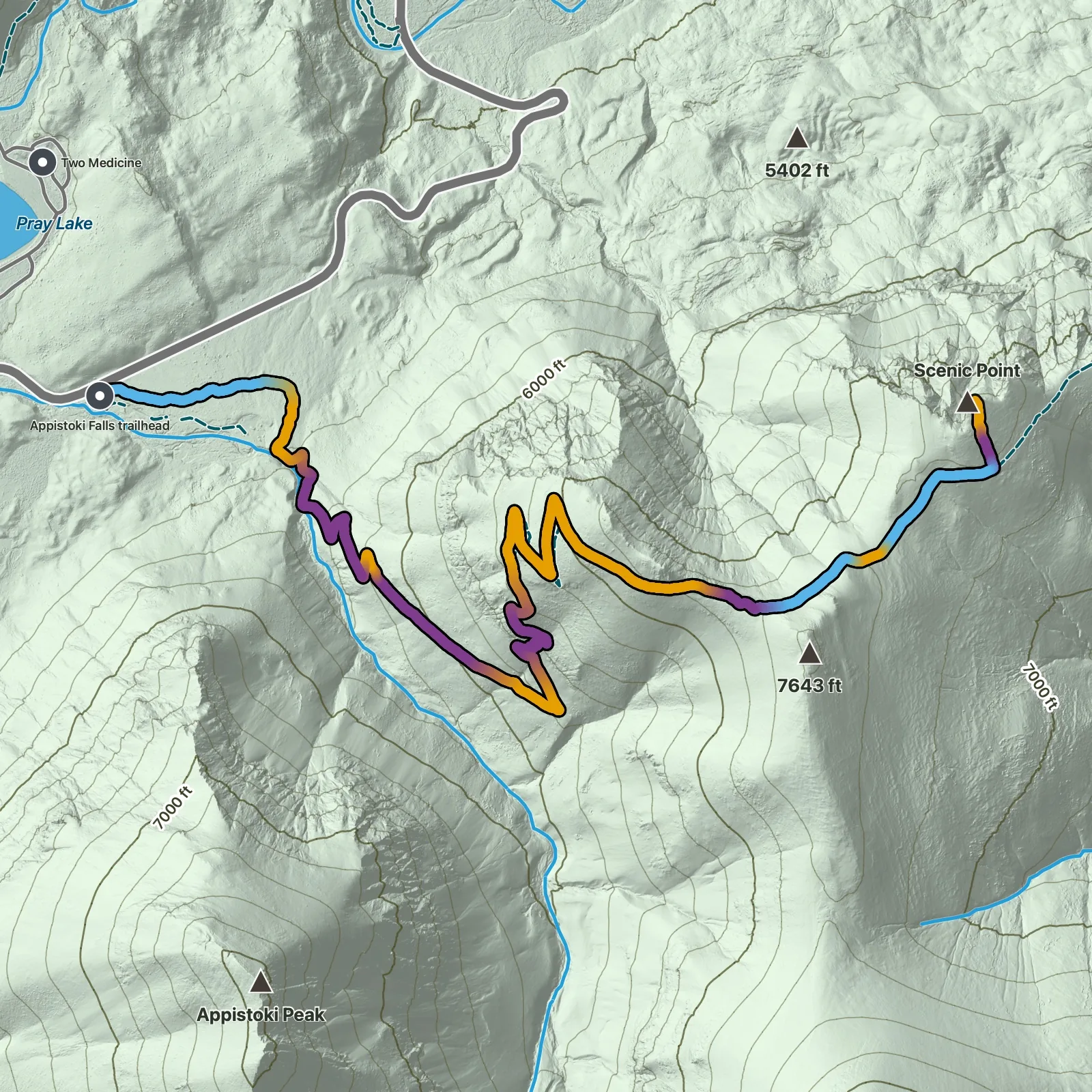 Terrain map of Scenic Point Trail in Glacier National Park