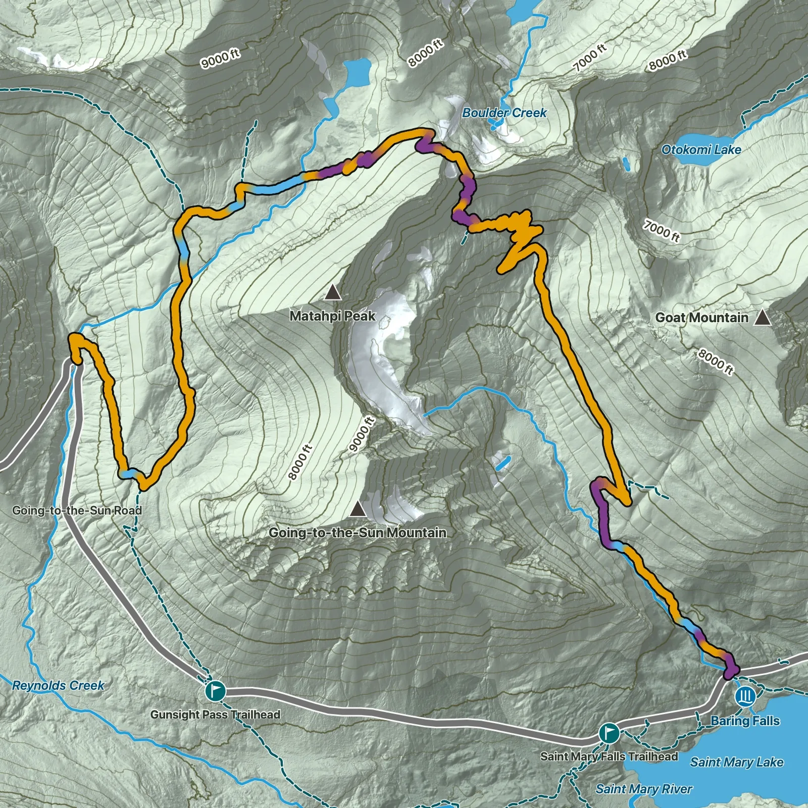 Terrain map of Siyeh Pass Trail in Glacier National Park