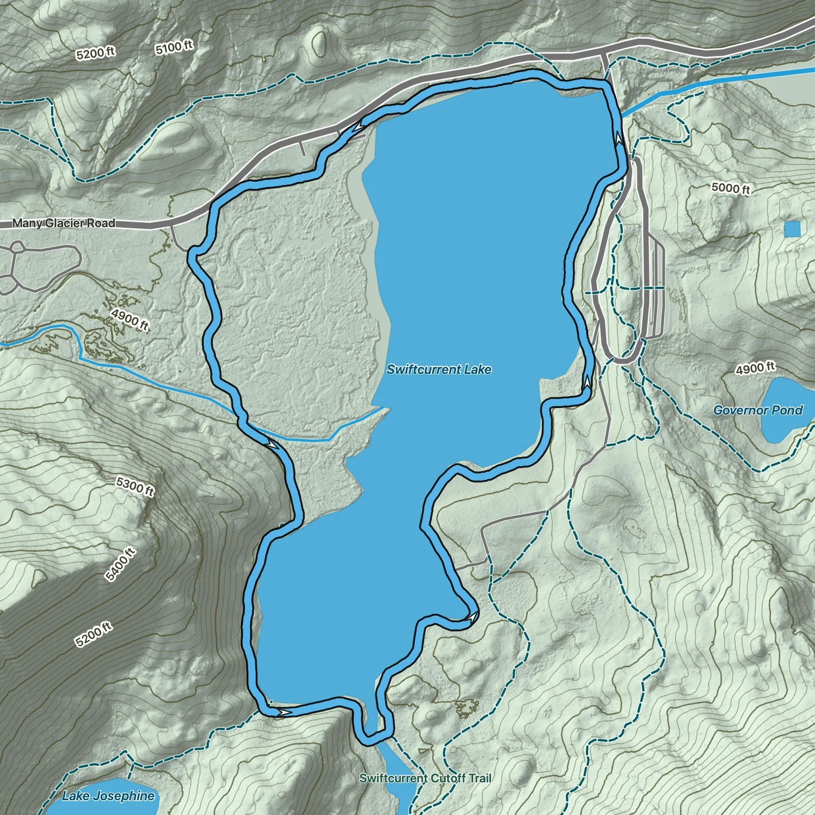 Terrain map of Swiftcurrent Nature Trail in Glacier National Park