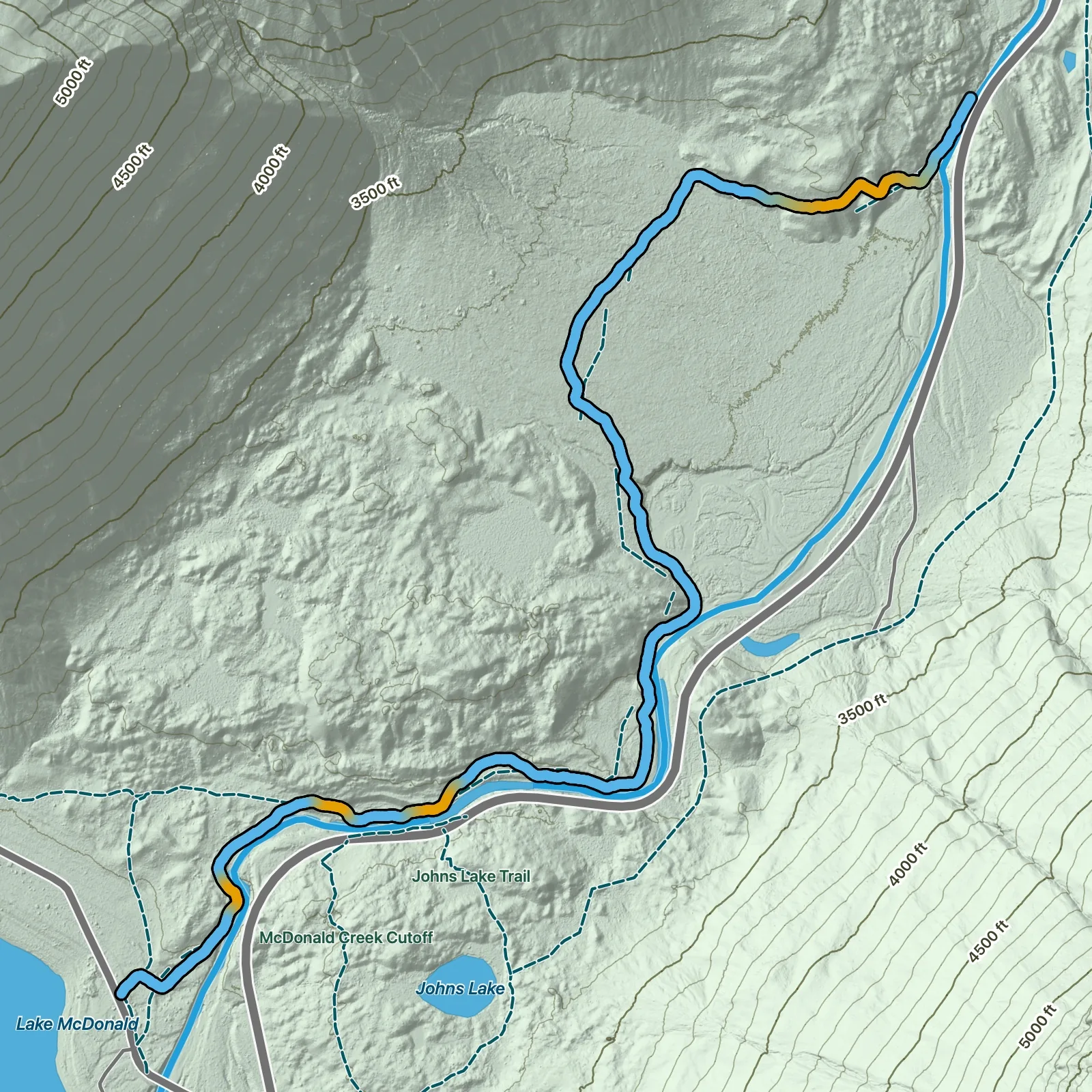 Terrain map of Upper McDonald Creek Trail in Glacier National Park