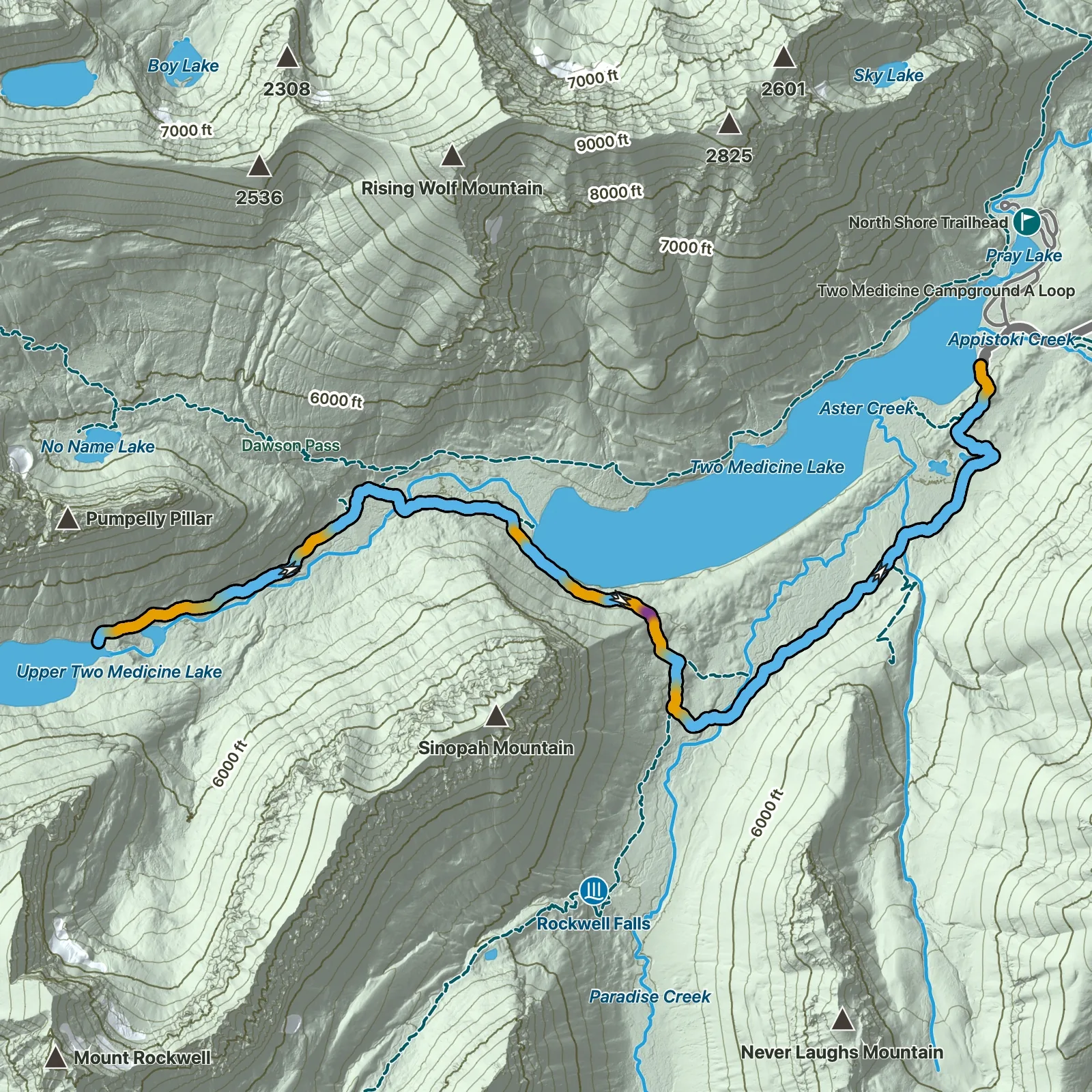 Terrain map of Upper Two Medicine Lake via South Shore Trail in Glacier National Park
