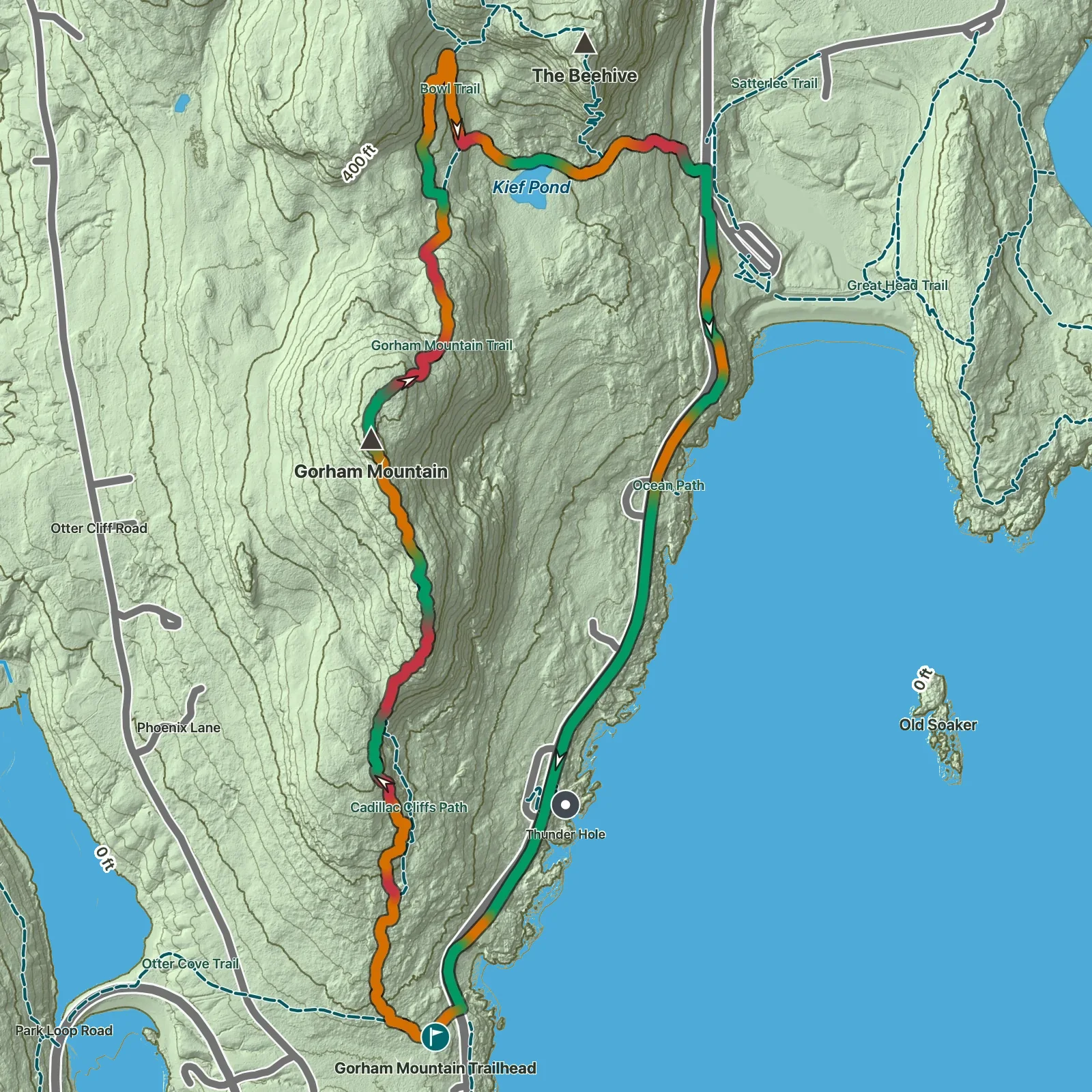 Terrain map showing the Gorham Mountain Loop route in Acadia National Park