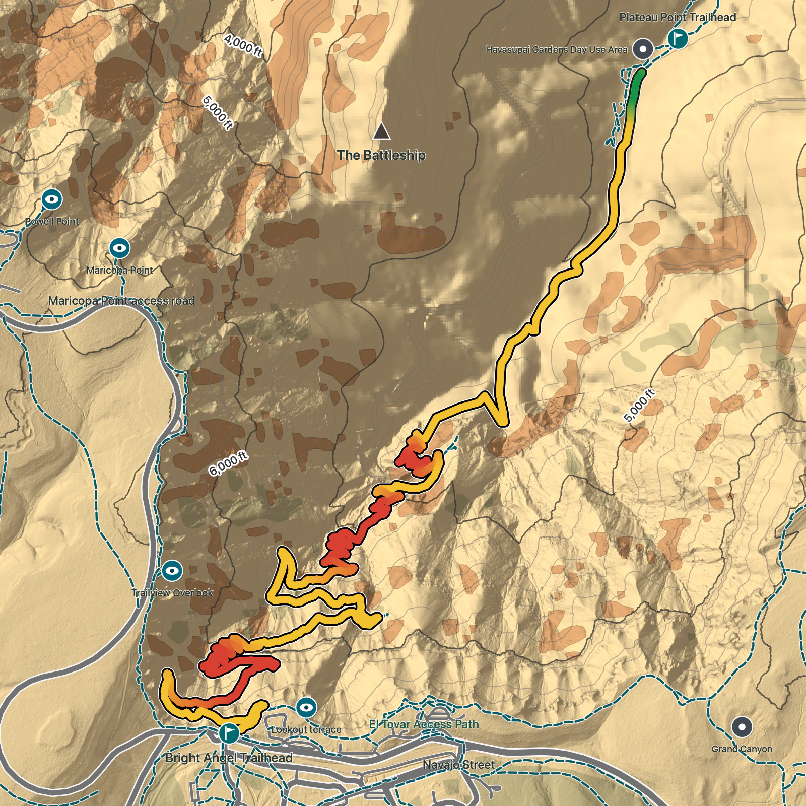 Terrain map of Bright Angel Trail to Havasupai Gardens in Grand Canyon National Park