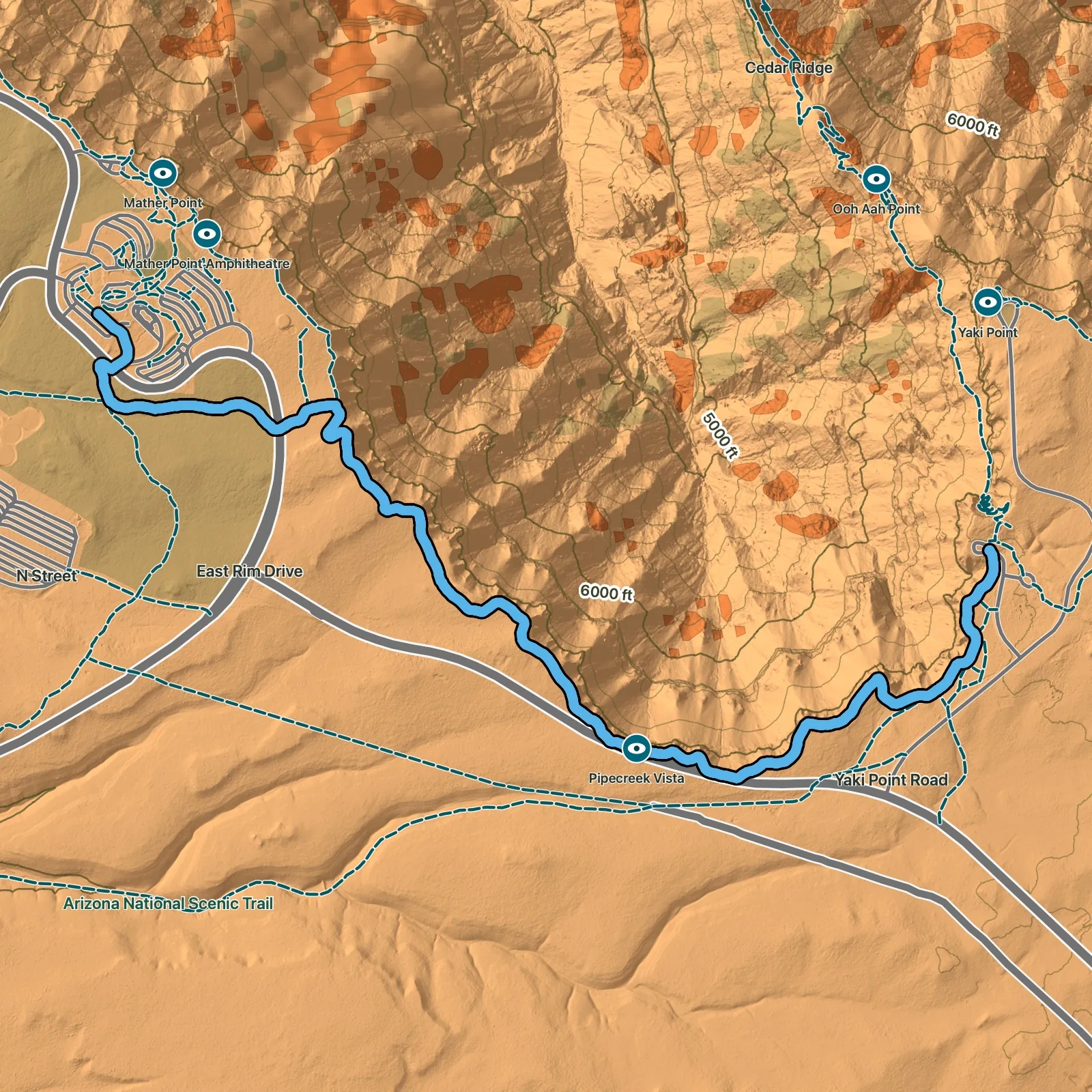 Terrain map of Greenway to the Rim Trail in Grand Canyon National Park