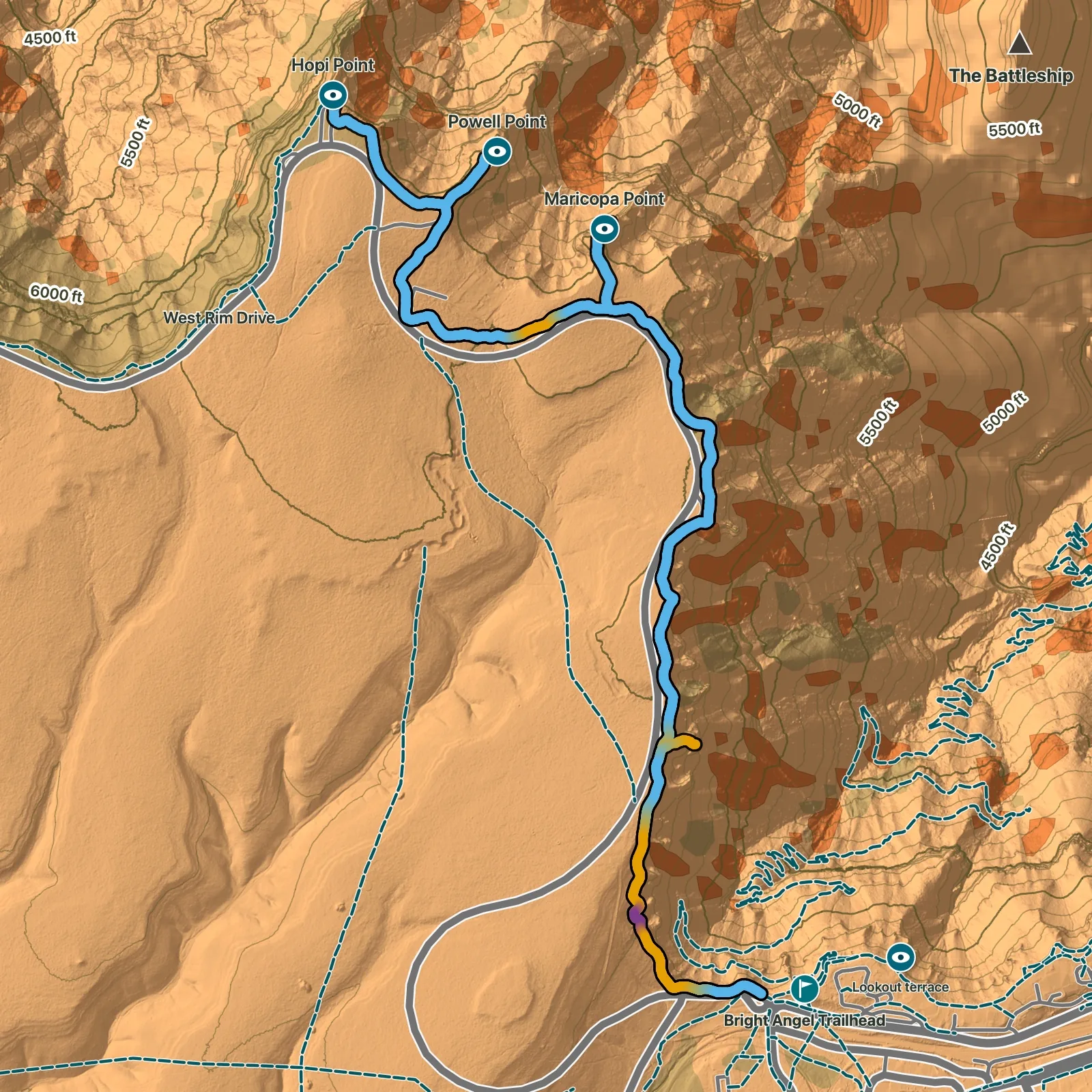 Terrain map of Maricopa Point on the Rim Trail in Grand Canyon National Park