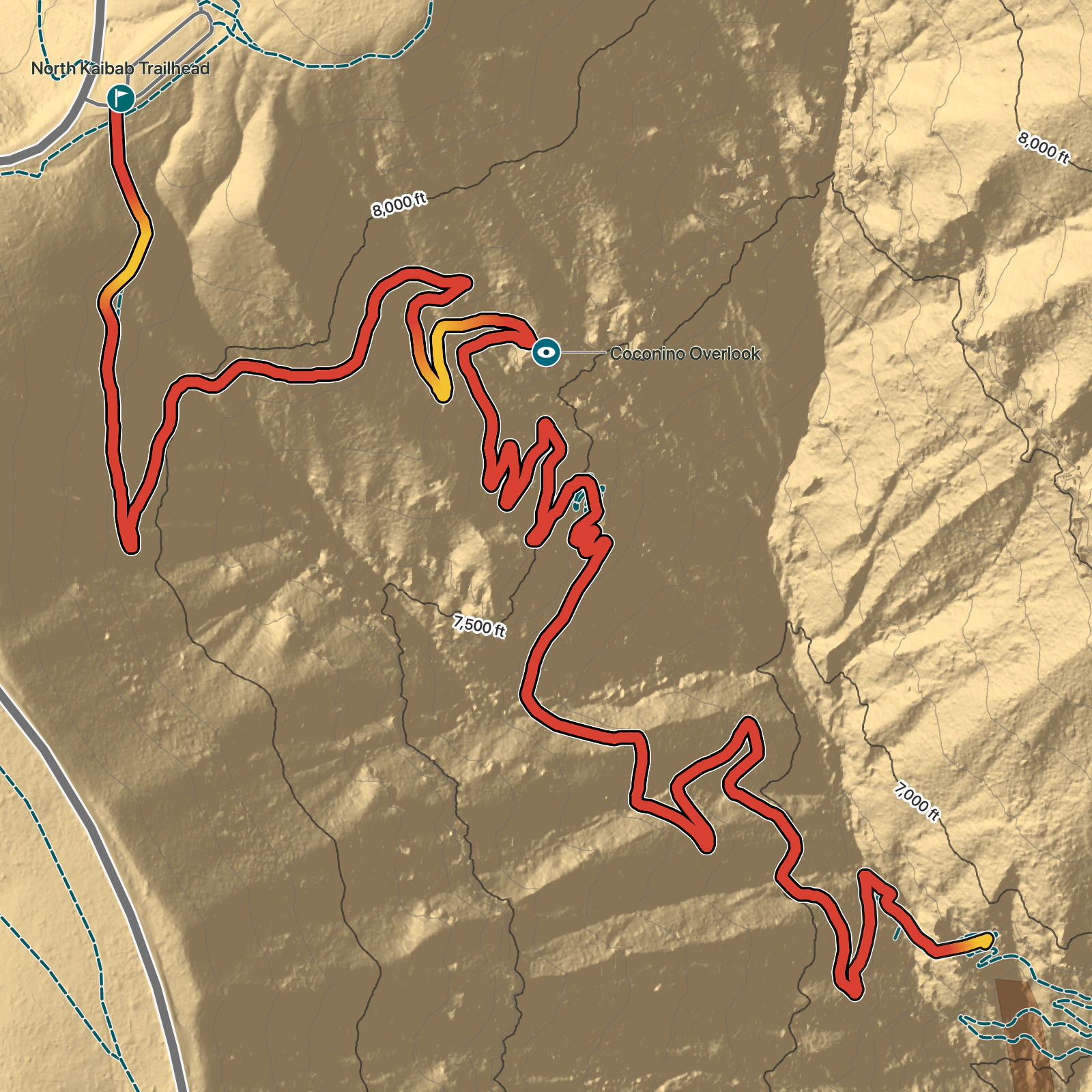 Terrain map of North Kaibab Trail to Coconino Overlook and Supai Tunnel in Grand Canyon National Park