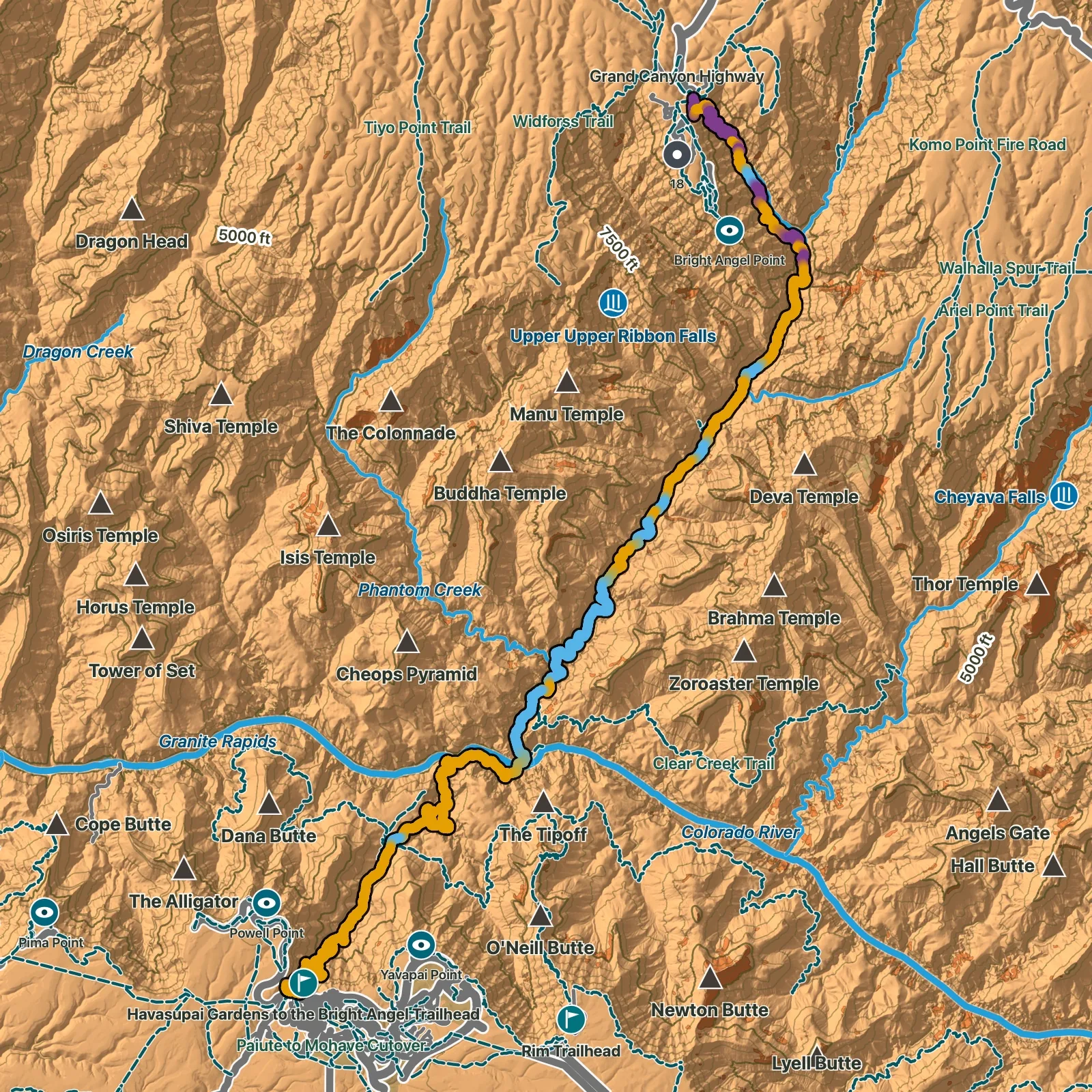 Terrain map of Rim-to-Rim via North Kaibab and Bright Angel (Advanced Overnight) in Grand Canyon National Park