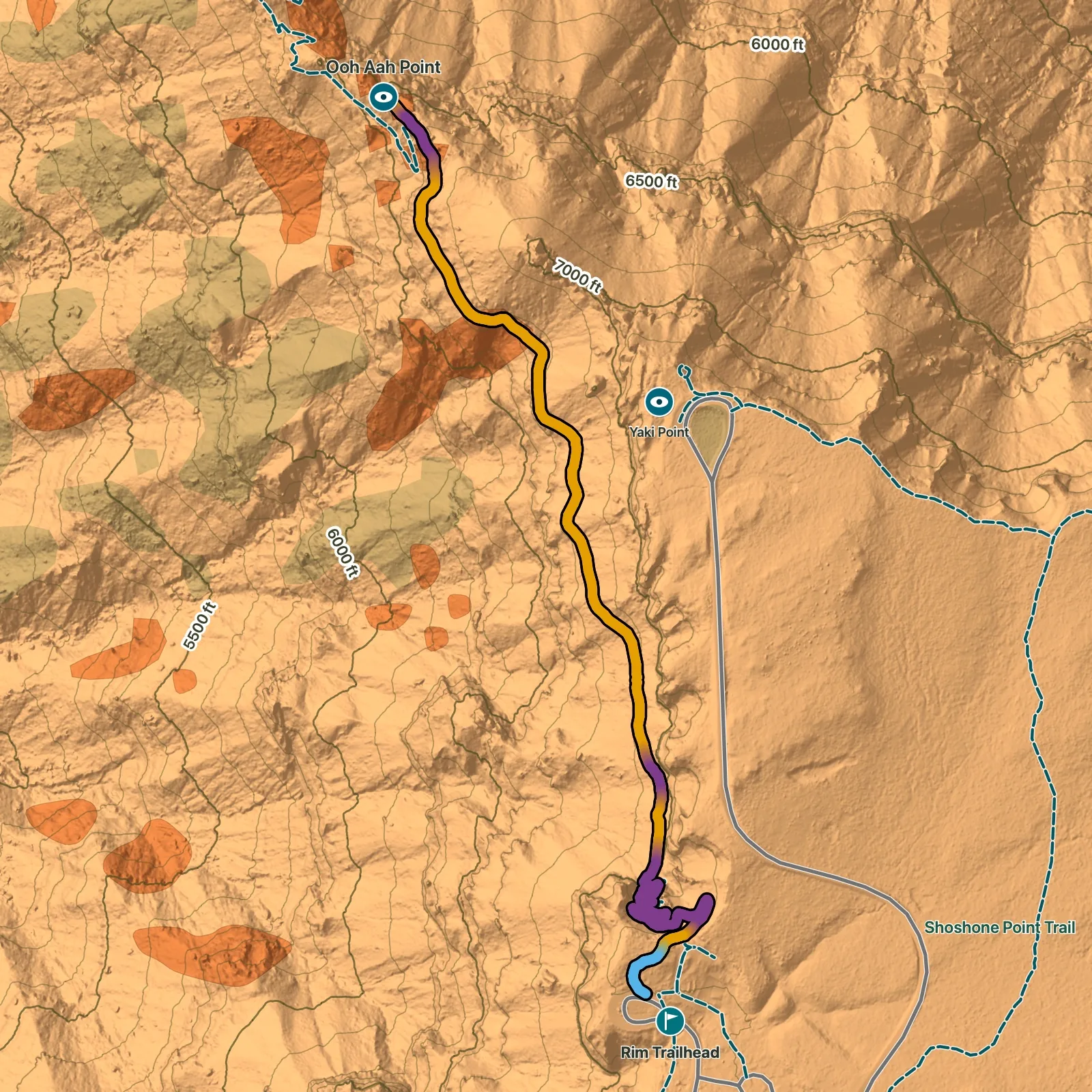 Terrain map of South Kaibab Trail to Ooh Aah Point in Grand Canyon National Park