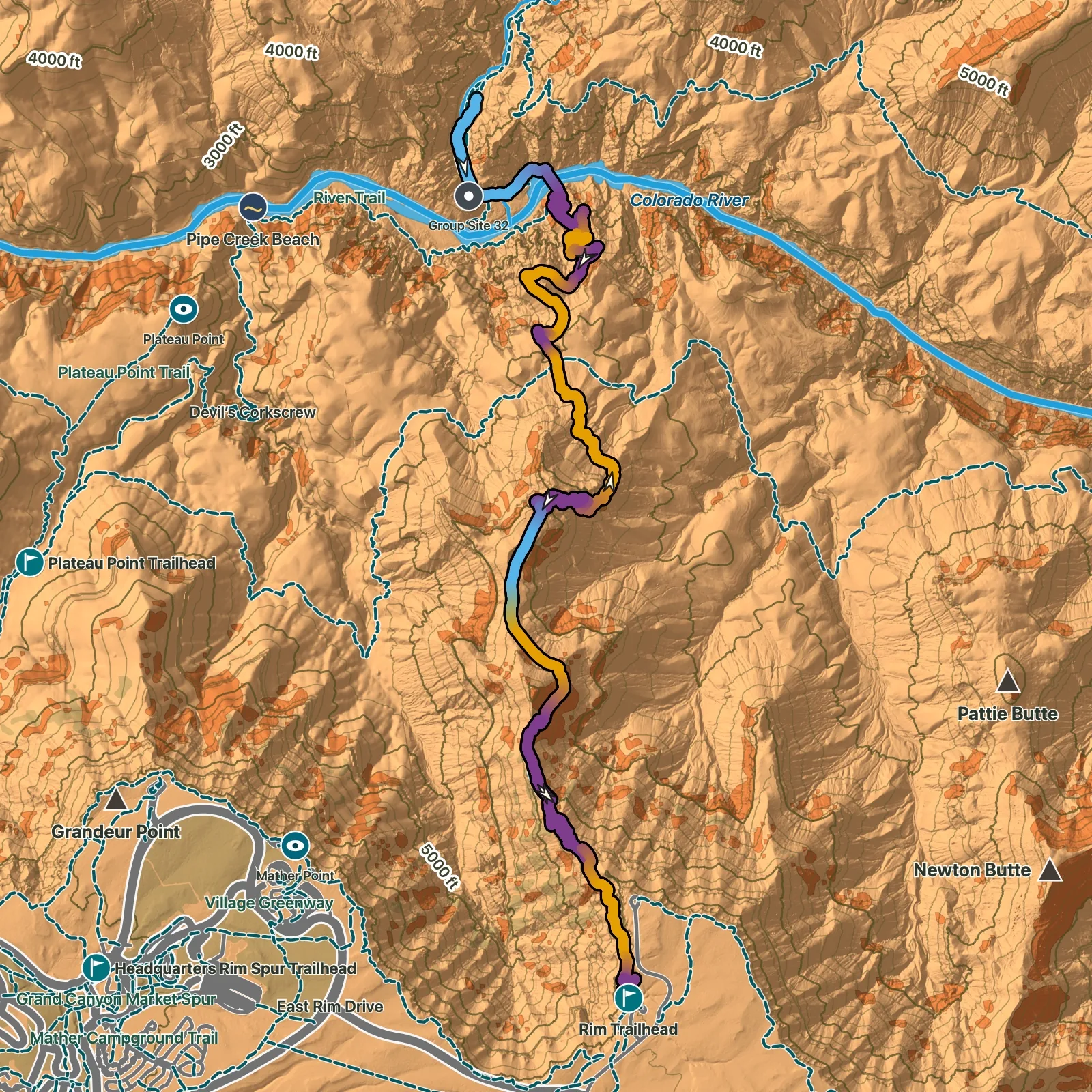 Terrain map of South Kaibab Trail to Phantom Ranch (Overnight) in Grand Canyon National Park