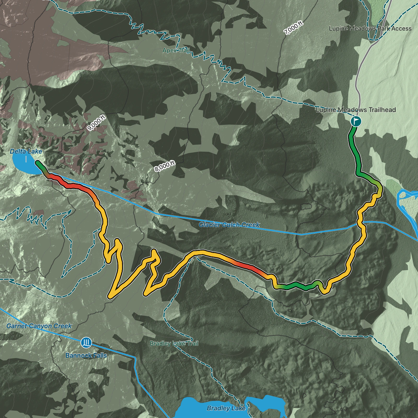Terrain map of Delta Lake via Lupine Meadows in Grand Teton National Park