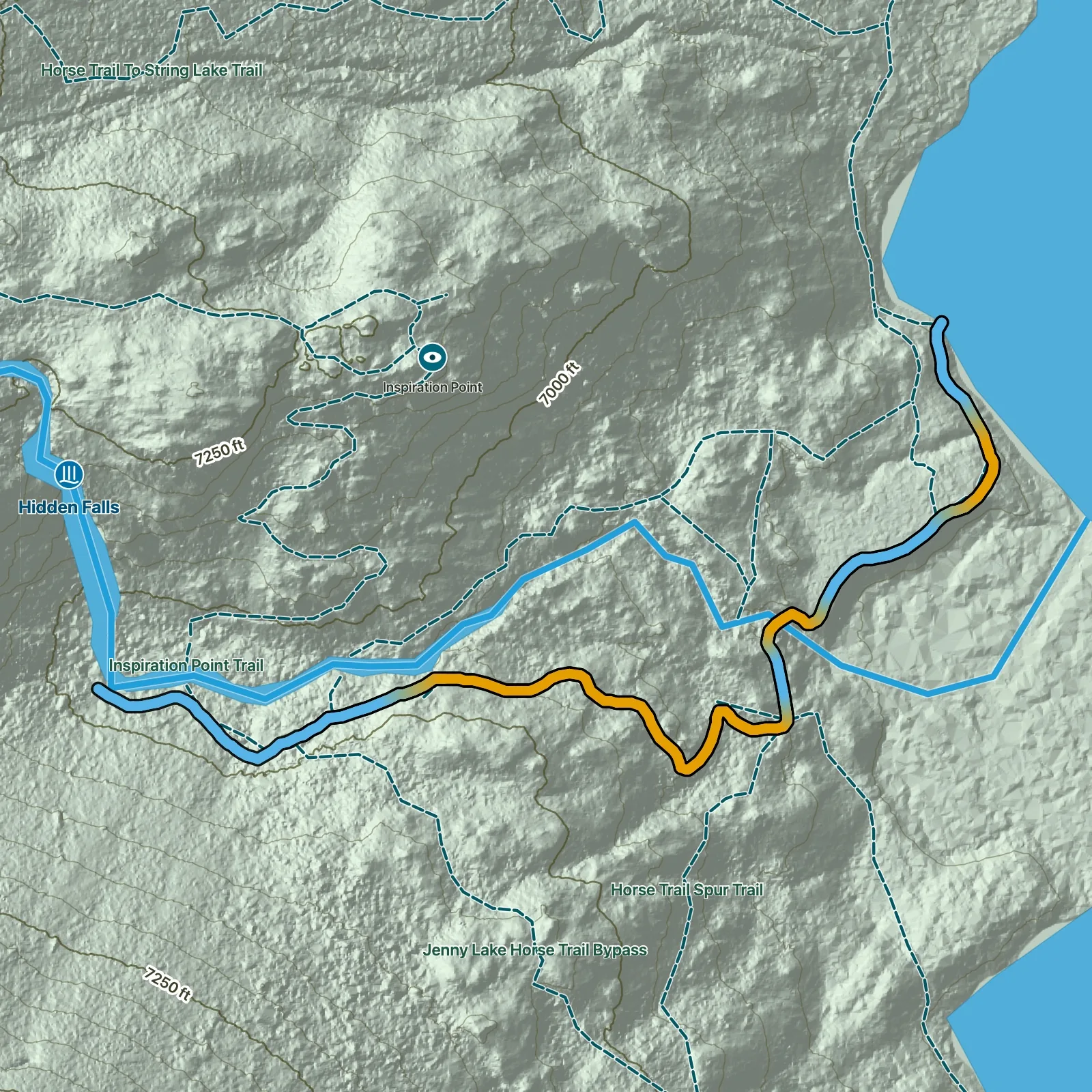 Terrain map of Hidden Falls from the West Boat Dock in Grand Teton National Park