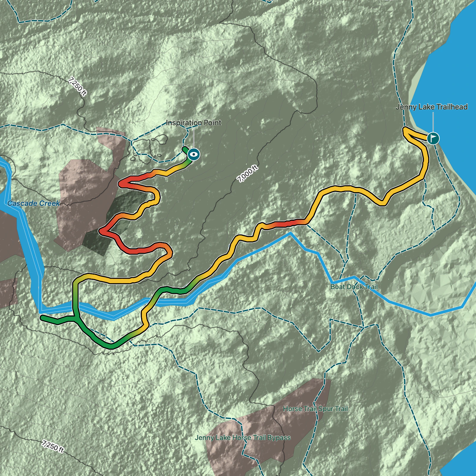 Terrain map of Inspiration Point via the Jenny Lake Boat in Grand Teton National Park