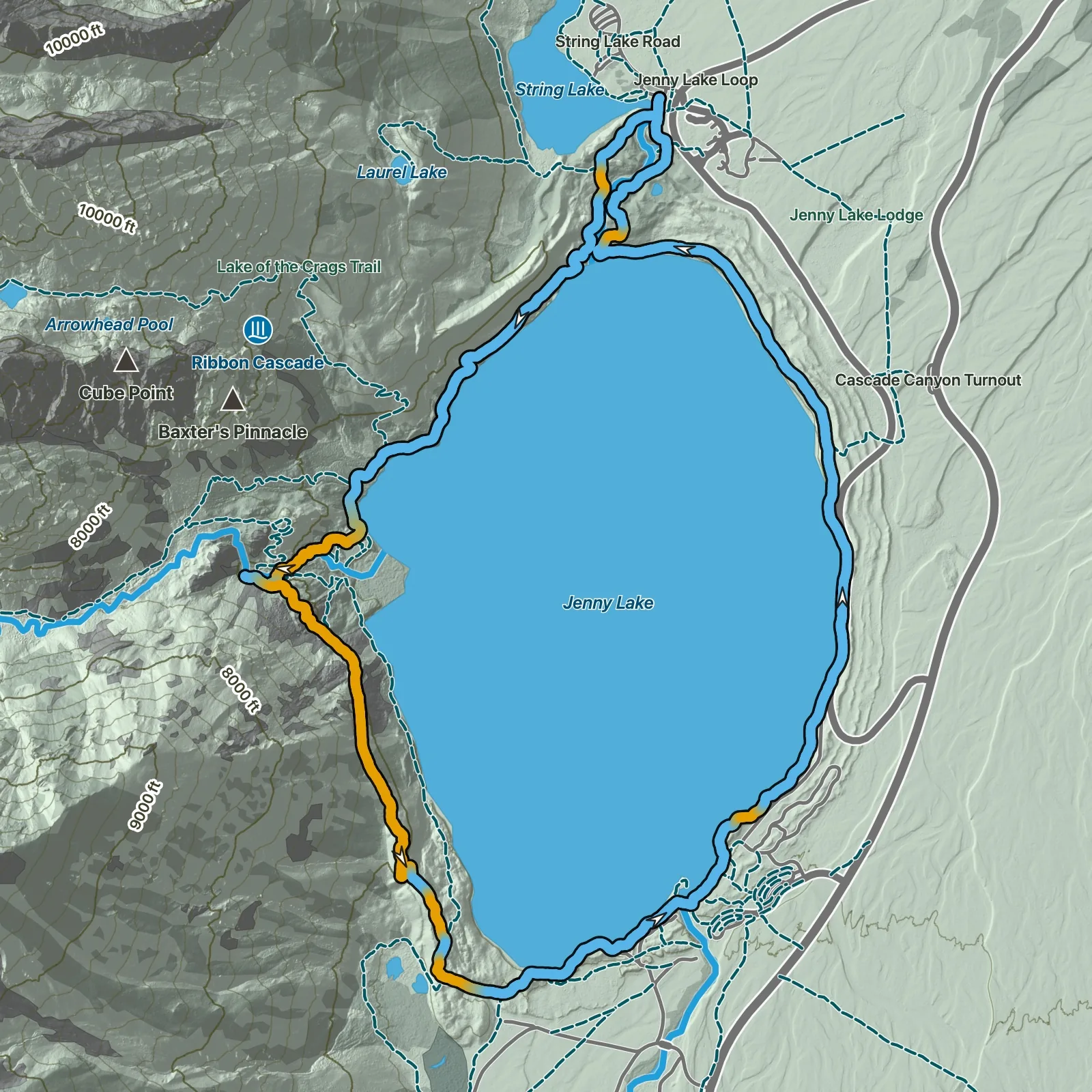 Terrain map of Jenny Lake Loop from String Lake in Grand Teton National Park