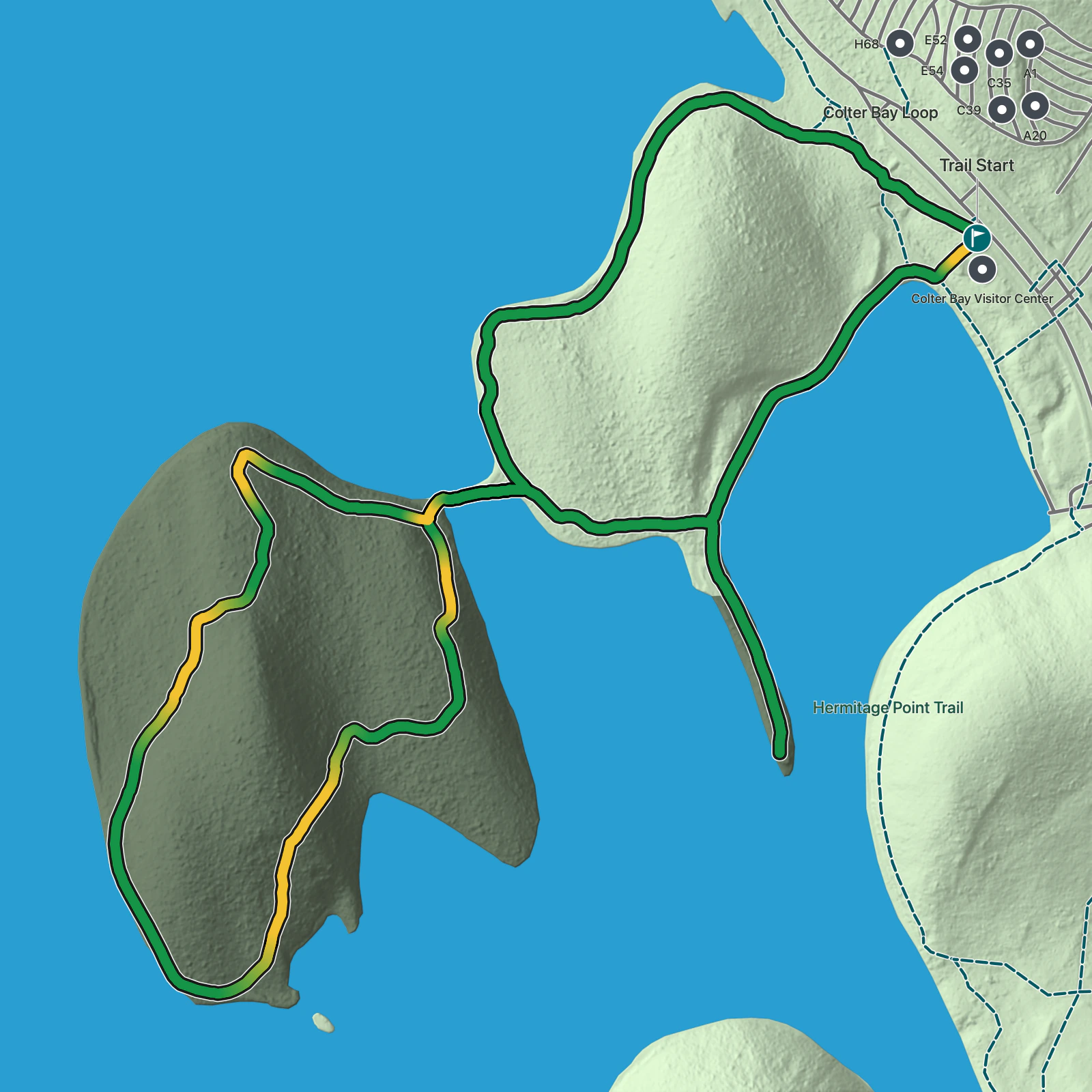 Terrain map of Lakeshore Trail at Colter Bay in Grand Teton National Park