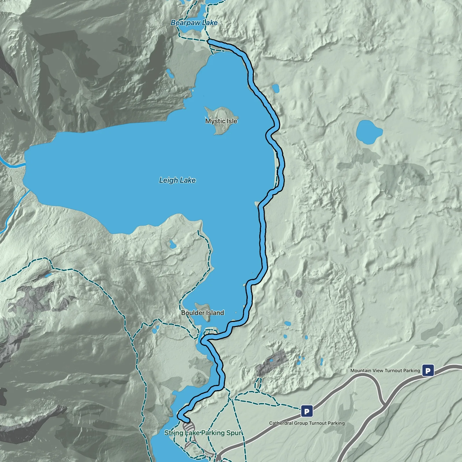 Terrain map of Leigh Lake Trail in Grand Teton National Park