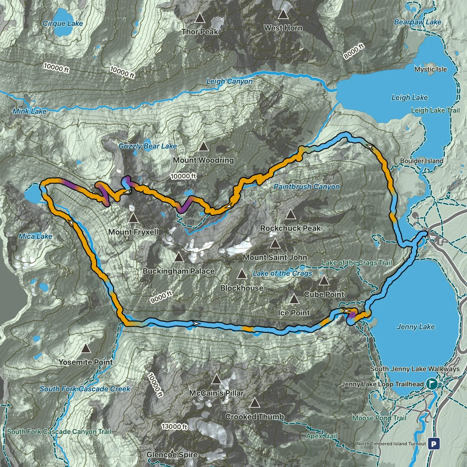 Terrain map of Paintbrush Canyon–Cascade Canyon Loop in Grand Teton National Park