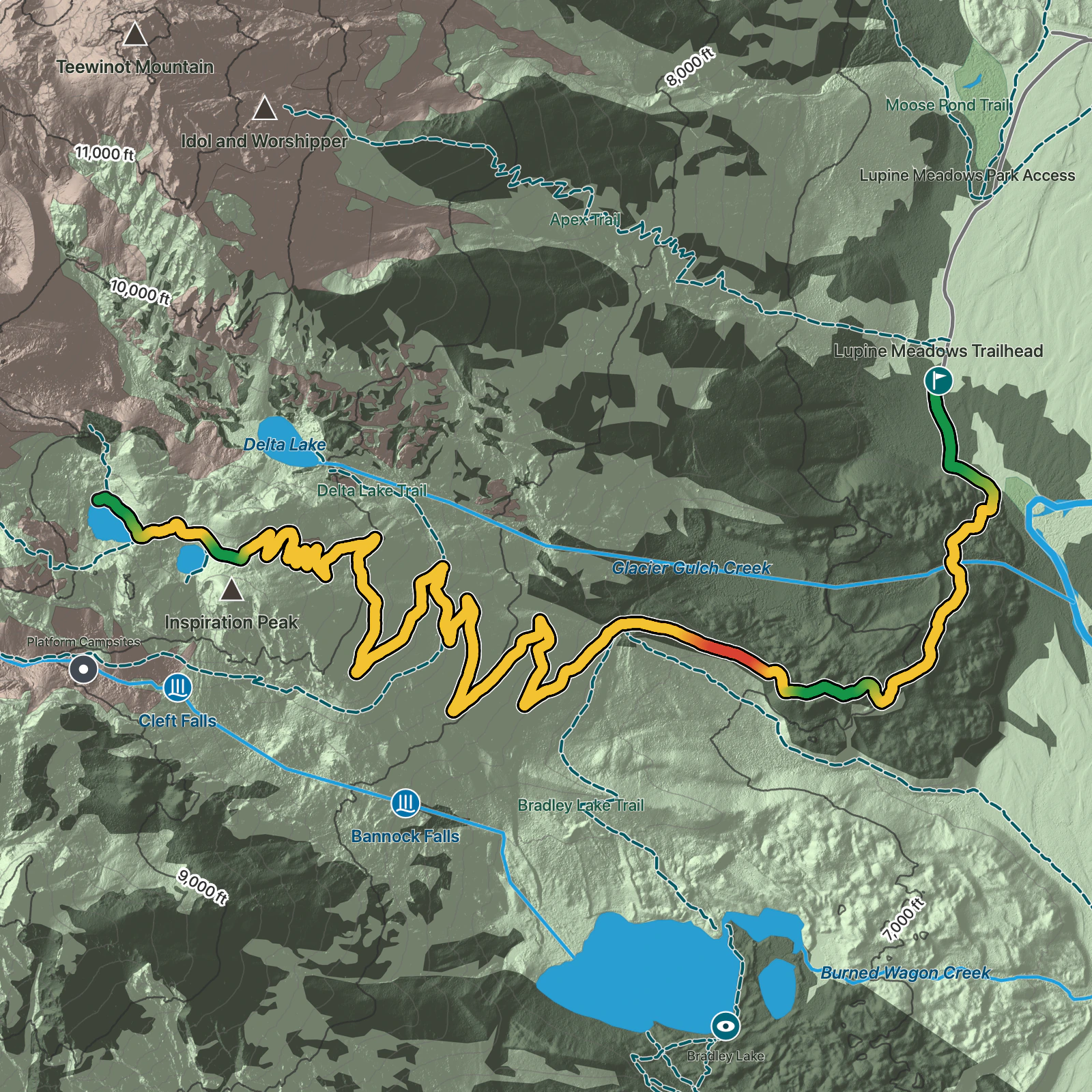 Terrain map of Surprise and Amphitheater Lakes Trail in Grand Teton National Park