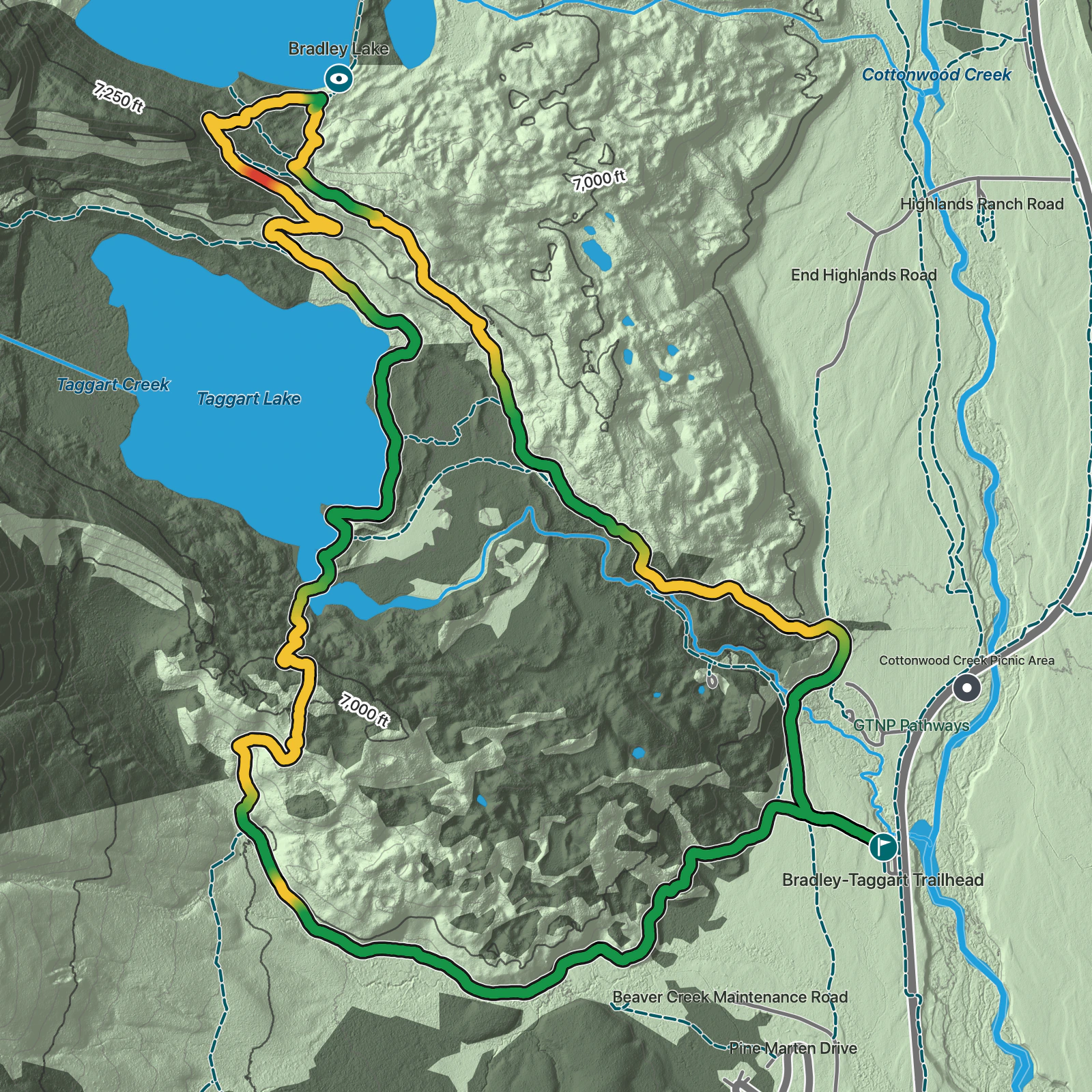 Terrain map of Taggart Lake and Bradley Lake Loop in Grand Teton National Park