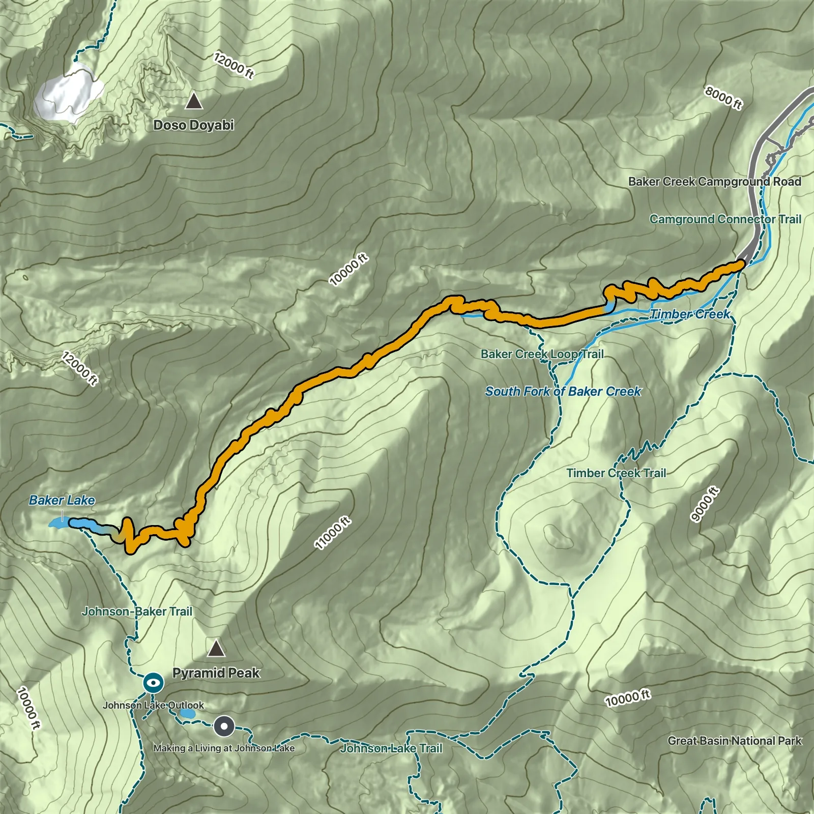 Terrain map of Baker Lake Trail in Great Basin National Park
