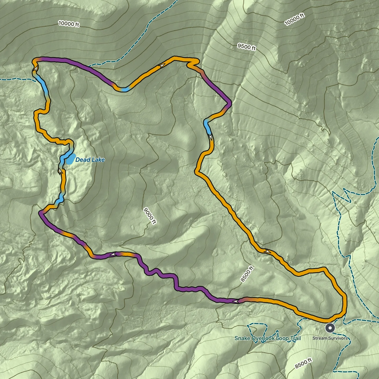 Terrain map of Dead Lake and Johnson Lake Loop in Great Basin National Park