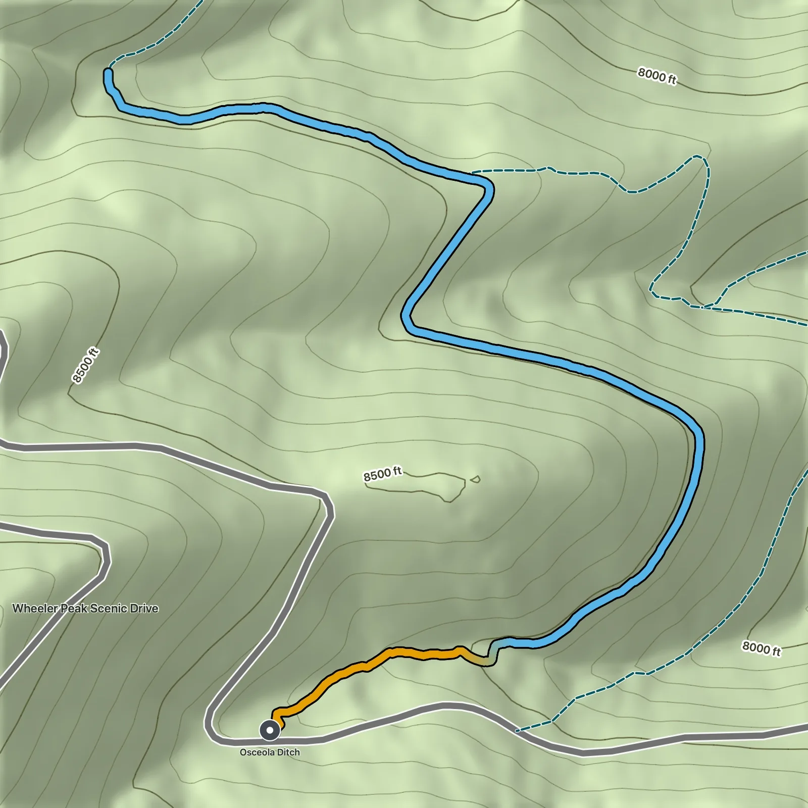 Terrain map of Osceola Ditch to Mill Creek in Great Basin National Park