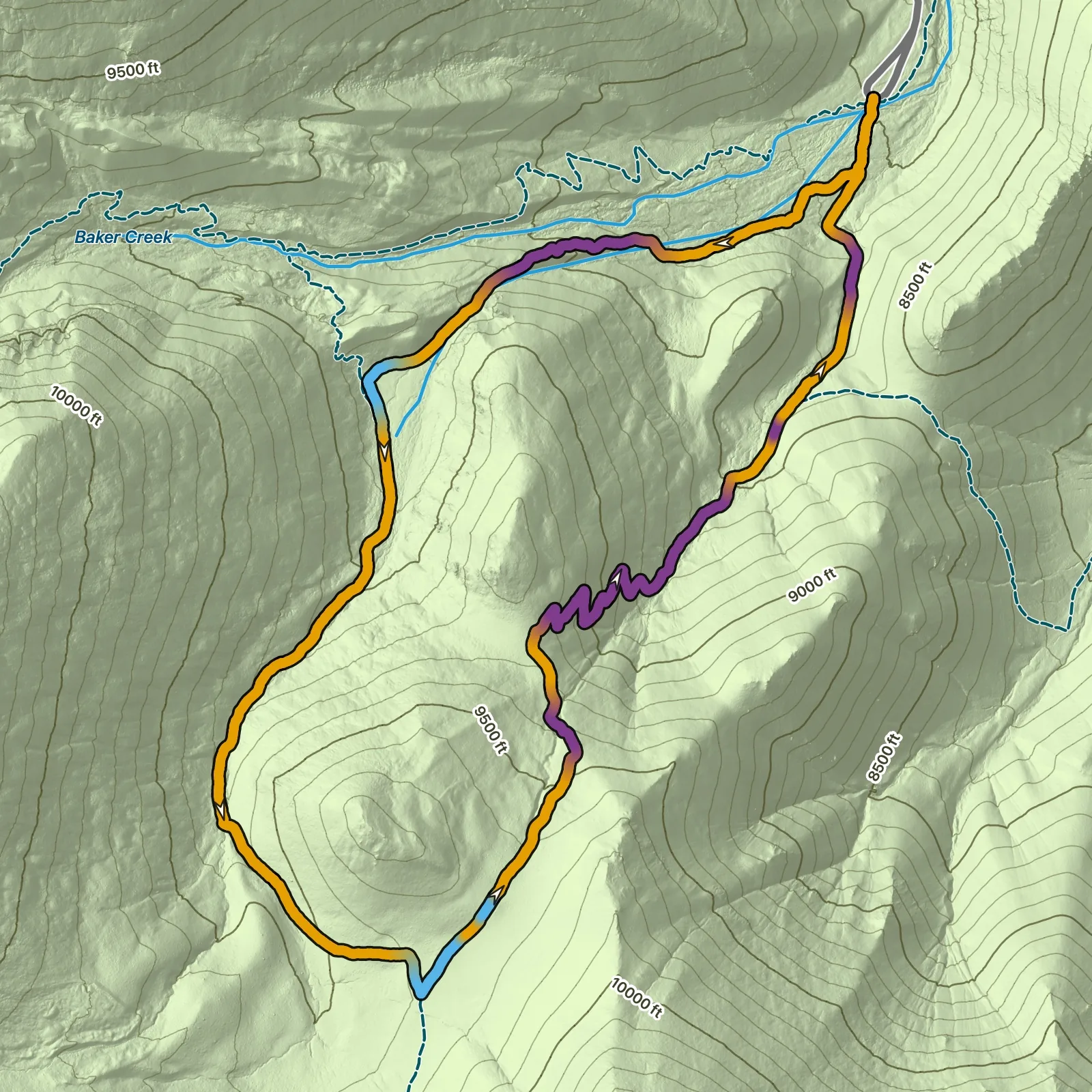 Terrain map of Timber Creek Loop in Great Basin National Park
