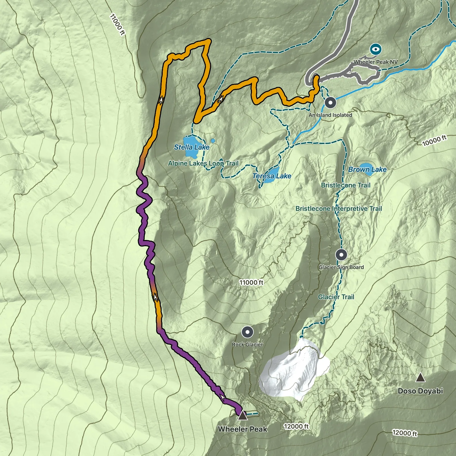 Terrain map of Wheeler Peak via Stella Lake in Great Basin National Park