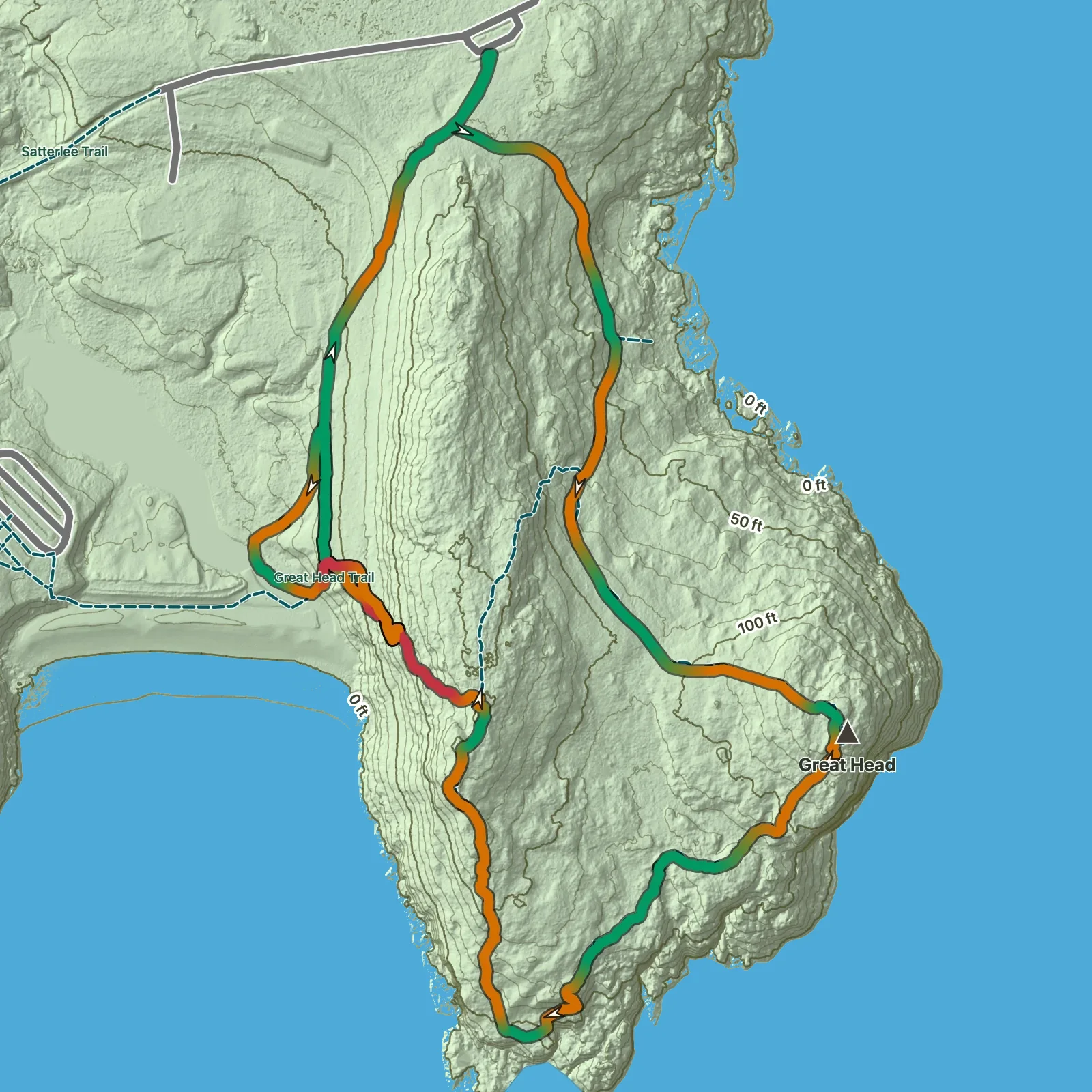 Terrain map showing the Great Head Trail route in Acadia National Park