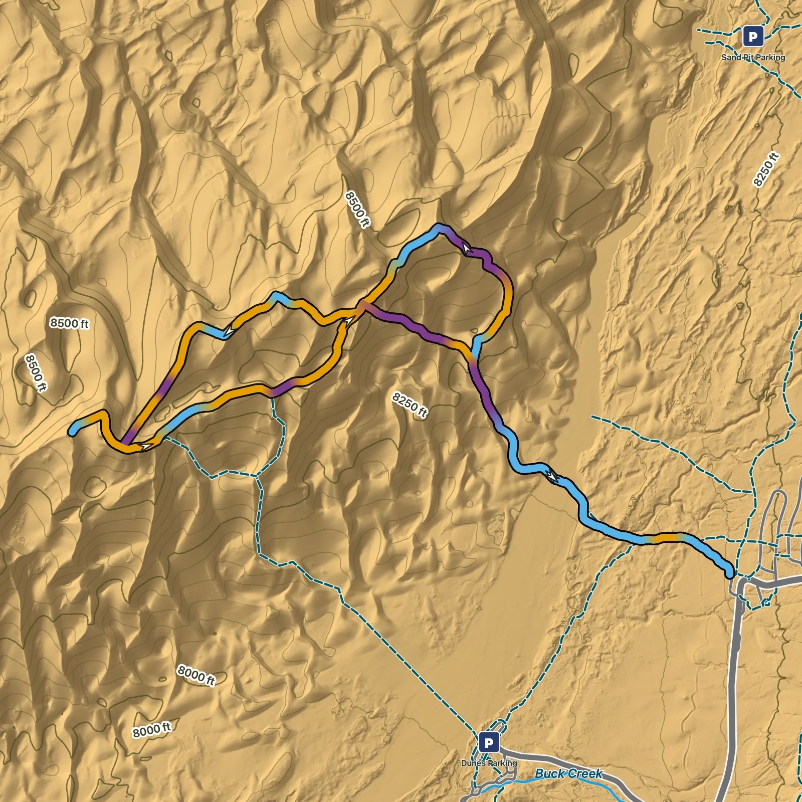 Terrain map of Dunes Trail from Piñon Flats in Great Sand Dunes National Park and Preserve