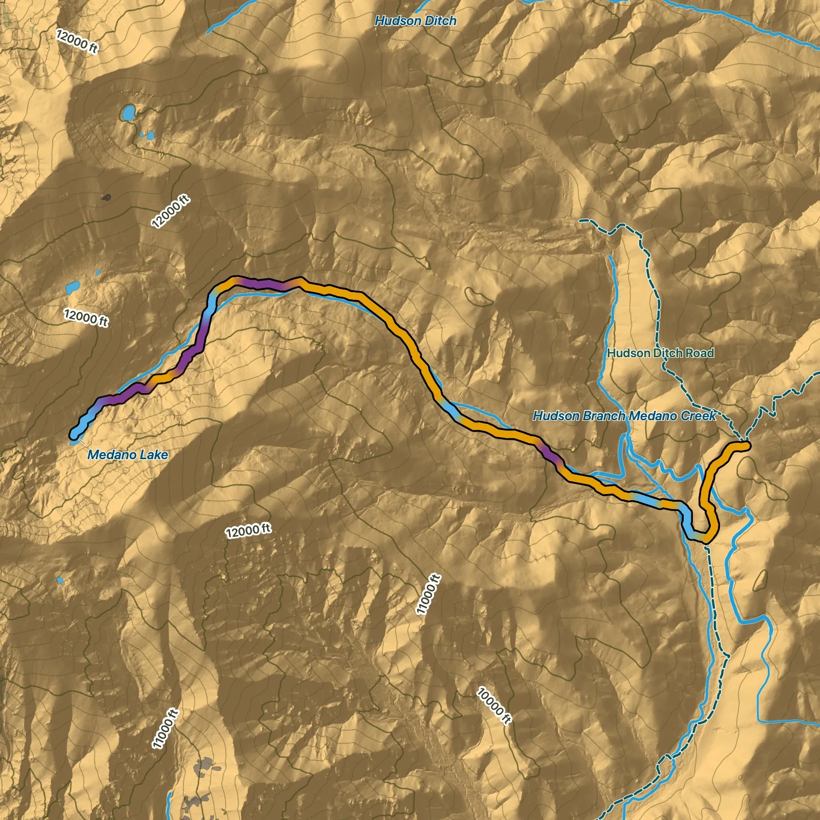 Terrain map of Medano Lake Trail in Great Sand Dunes National Park and Preserve
