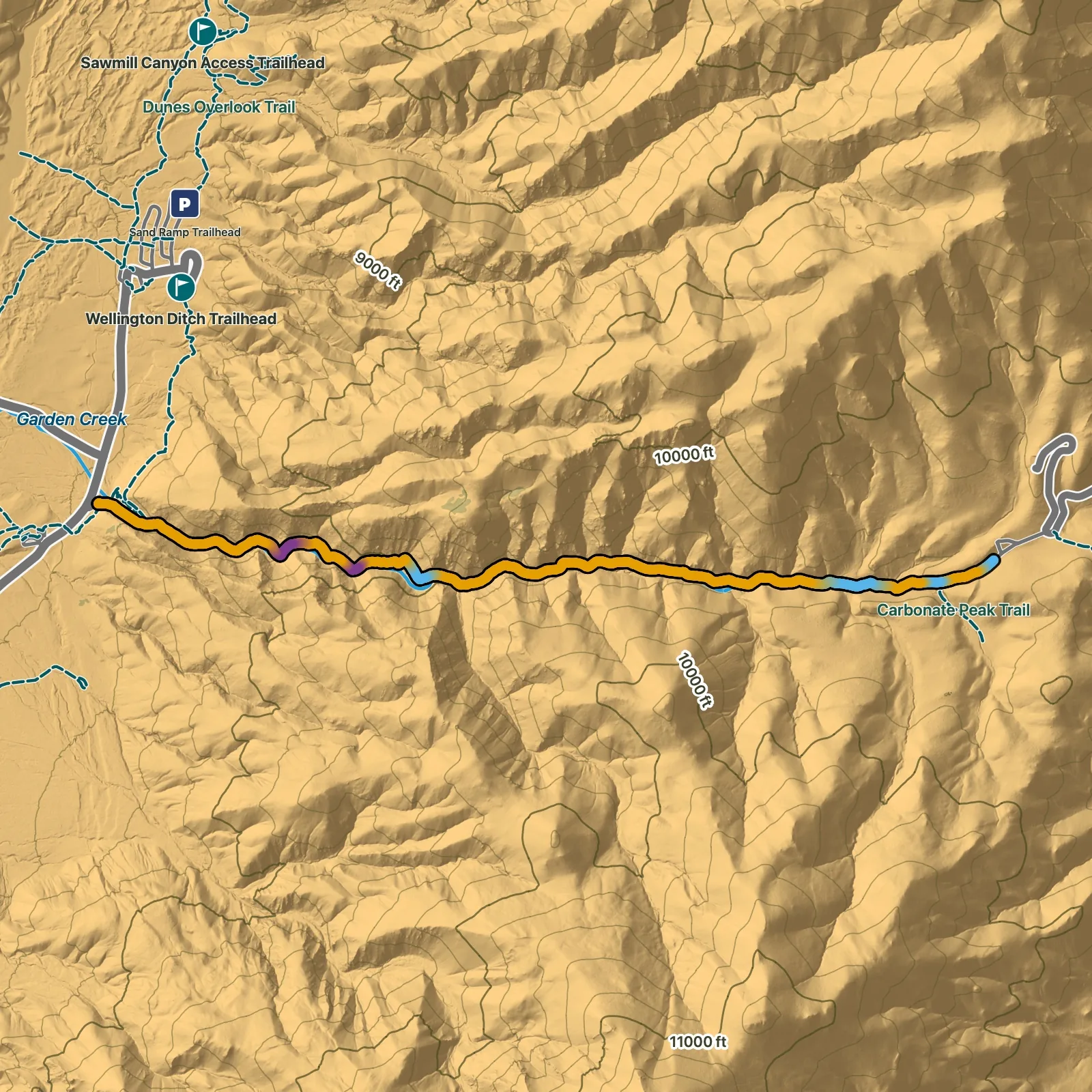Terrain map of Mosca Pass Trail in Great Sand Dunes National Park and Preserve