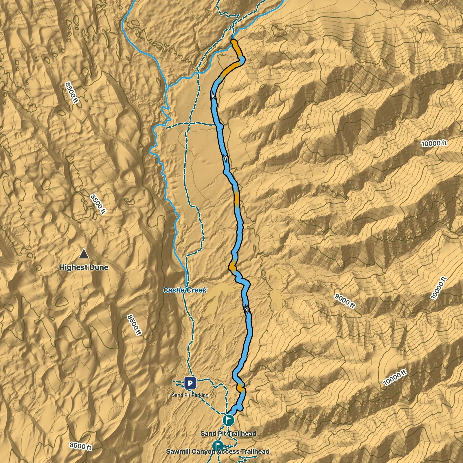 Terrain map of Sand Ramp Trail in Great Sand Dunes National Park and Preserve