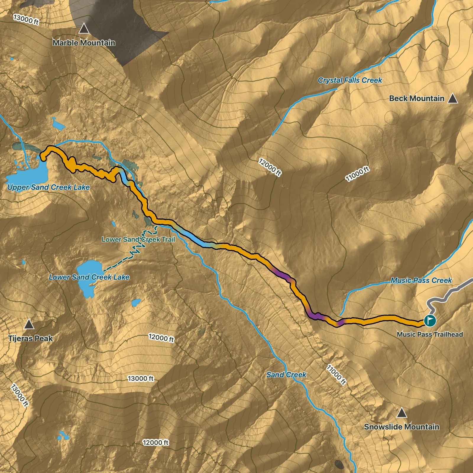Terrain map of Upper Sand Creek Lake in Great Sand Dunes National Park and Preserve