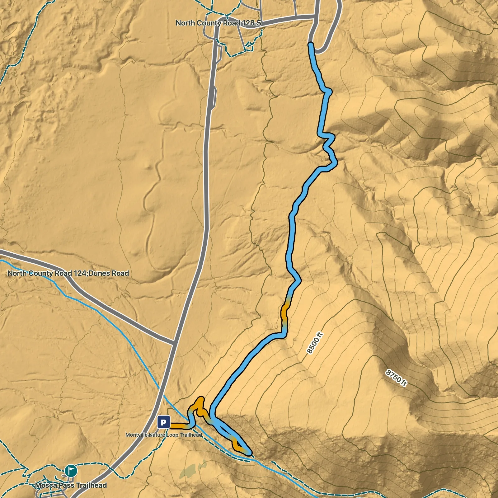 Terrain map of Wellington Ditch Trail in Great Sand Dunes National Park and Preserve