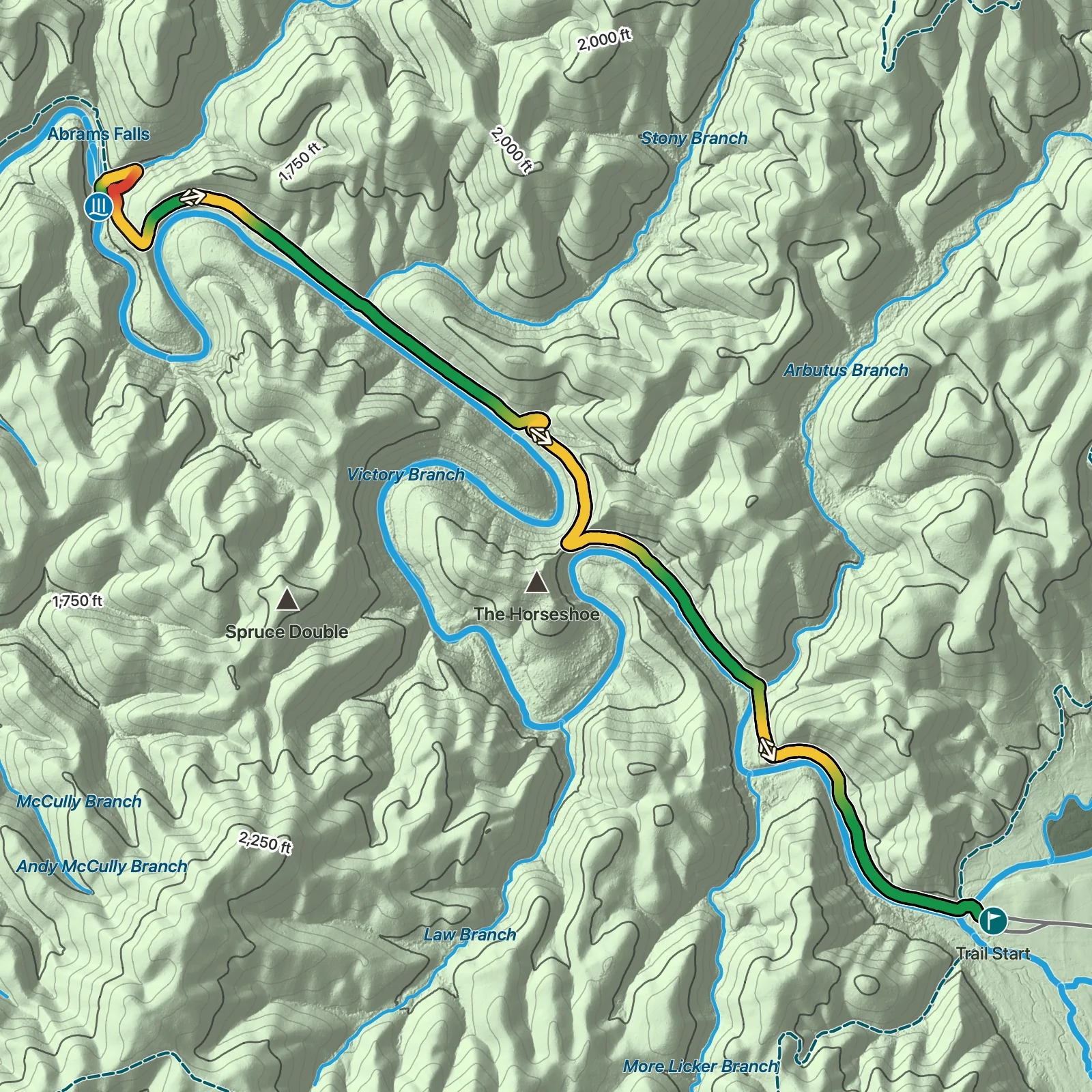 Terrain map showing the Abrams Falls Trail route in Great Smoky Mountains National Park
