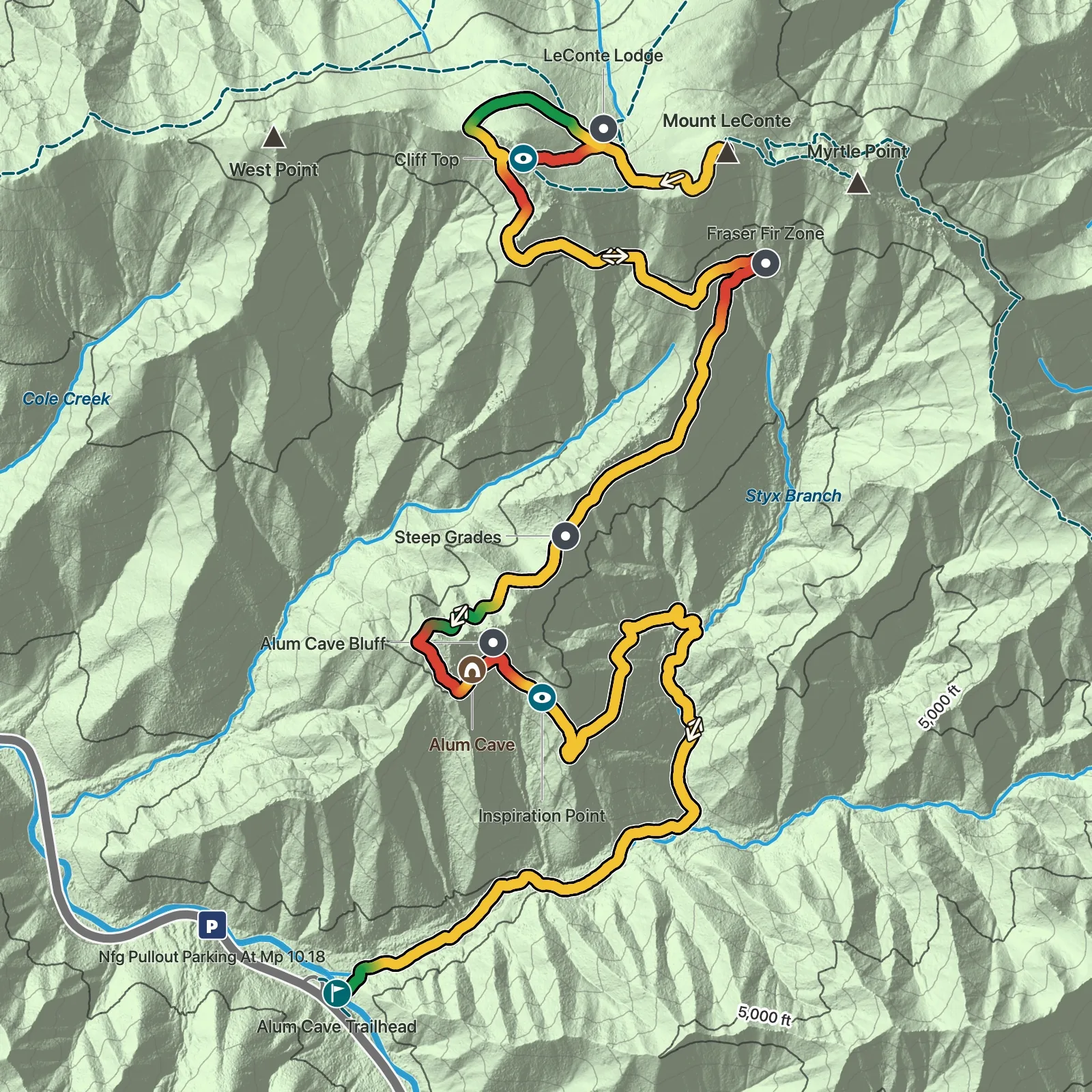 Terrain map showing the Alum Cave Trail to Mount LeConte route in Great Smoky Mountains National Park