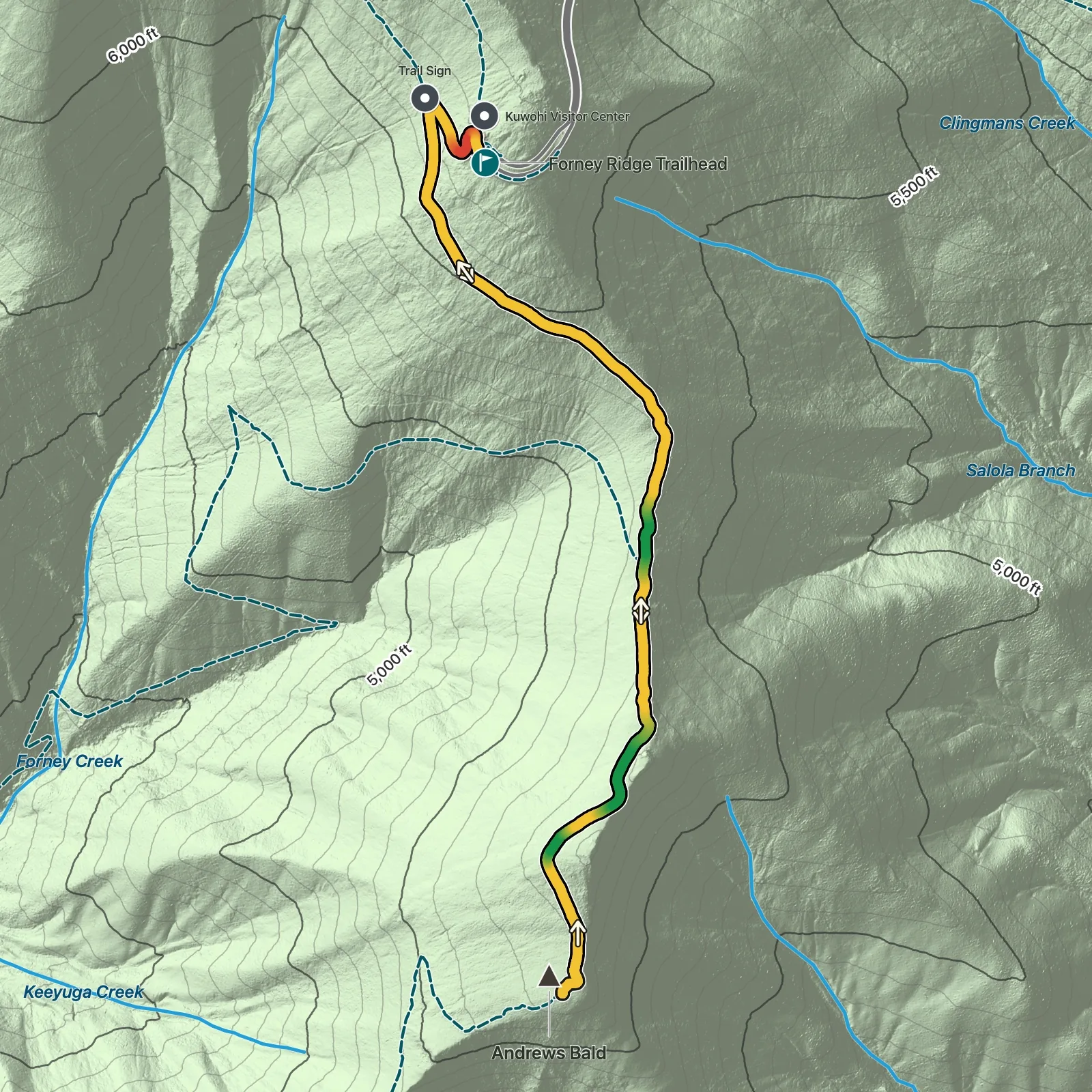 Terrain map showing the Andrews Bald Trail route in Great Smoky Mountains National Park