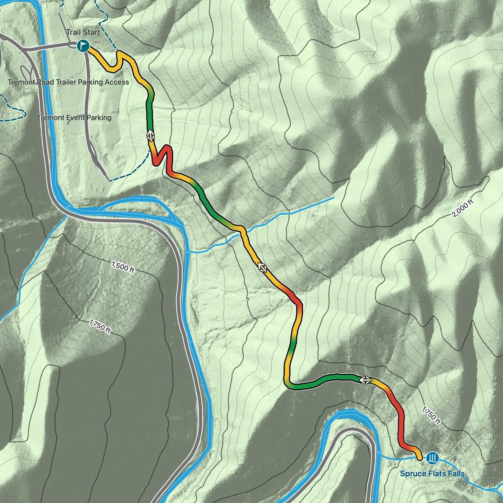 Terrain map showing the Buckeye Trail to Spruce Flats Falls route in Great Smoky Mountains National Park