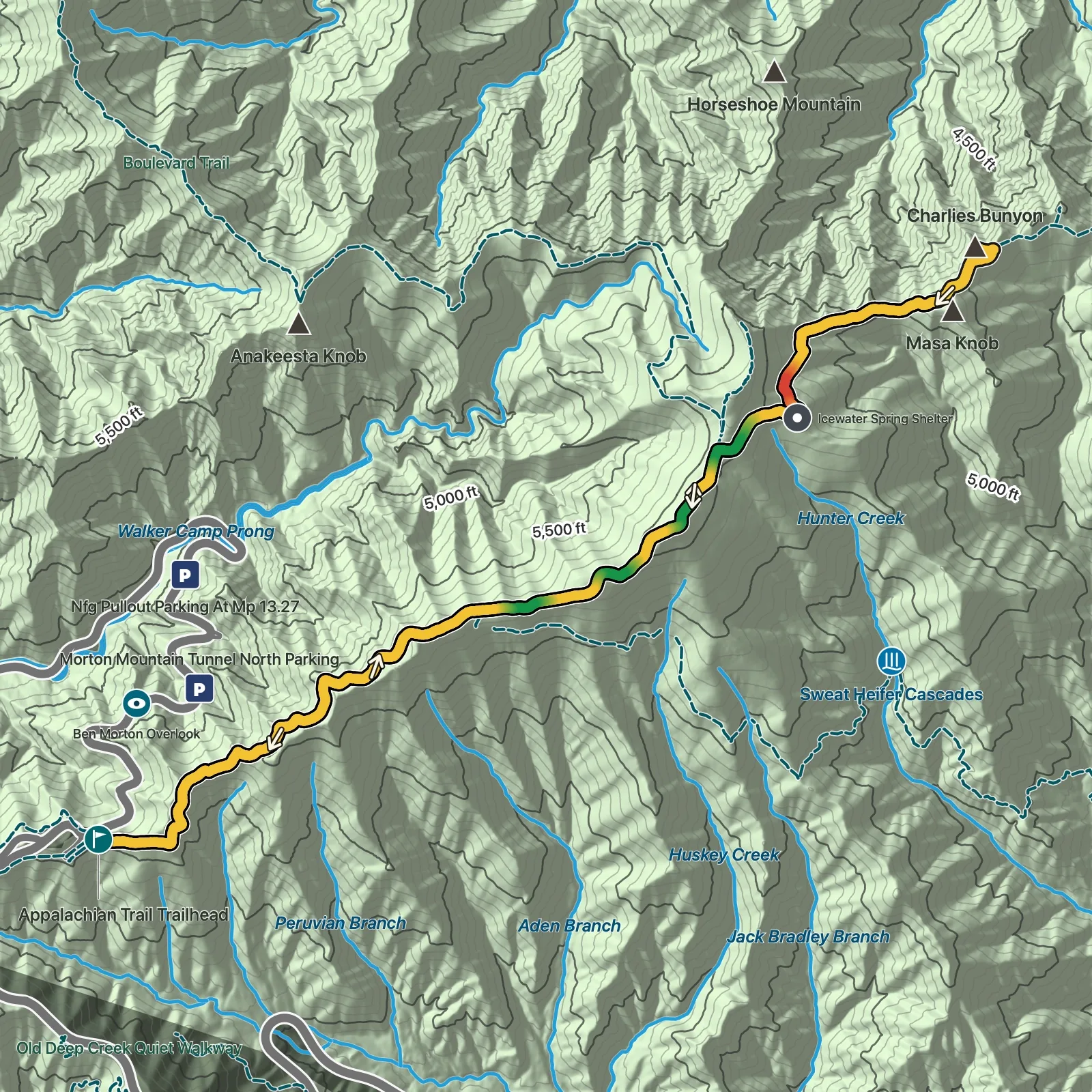 Terrain map showing the Charlies Bunion via Appalachian Trail route in Great Smoky Mountains National Park