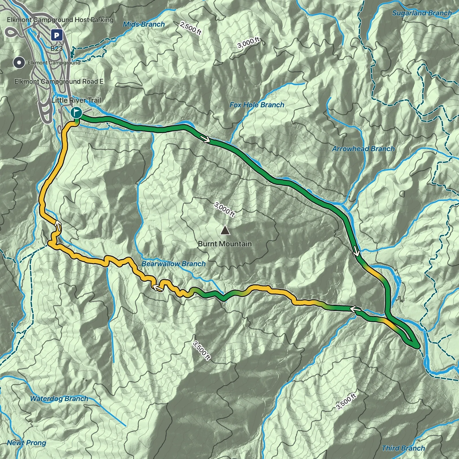 Terrain map showing the Cucumber Gap and Little River Loop Trail route in Great Smoky Mountains National Park
