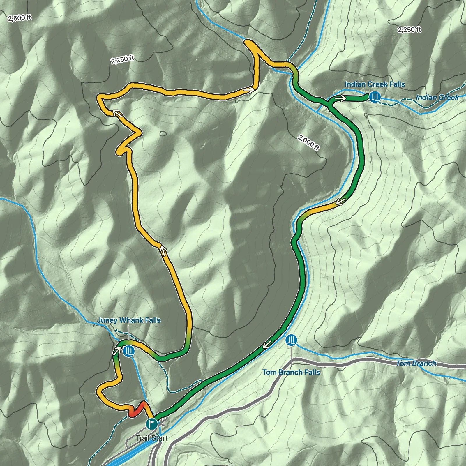 Terrain map showing the Deep Creek Waterfall Loop route in Great Smoky Mountains National Park