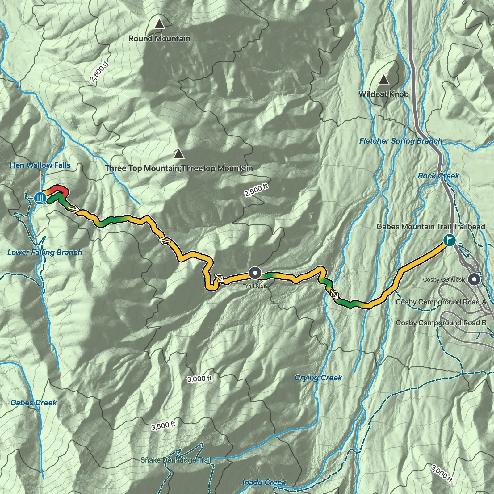 Terrain map showing the Gabes Mountain Trail to Hen Wallow Falls route in Great Smoky Mountains National Park