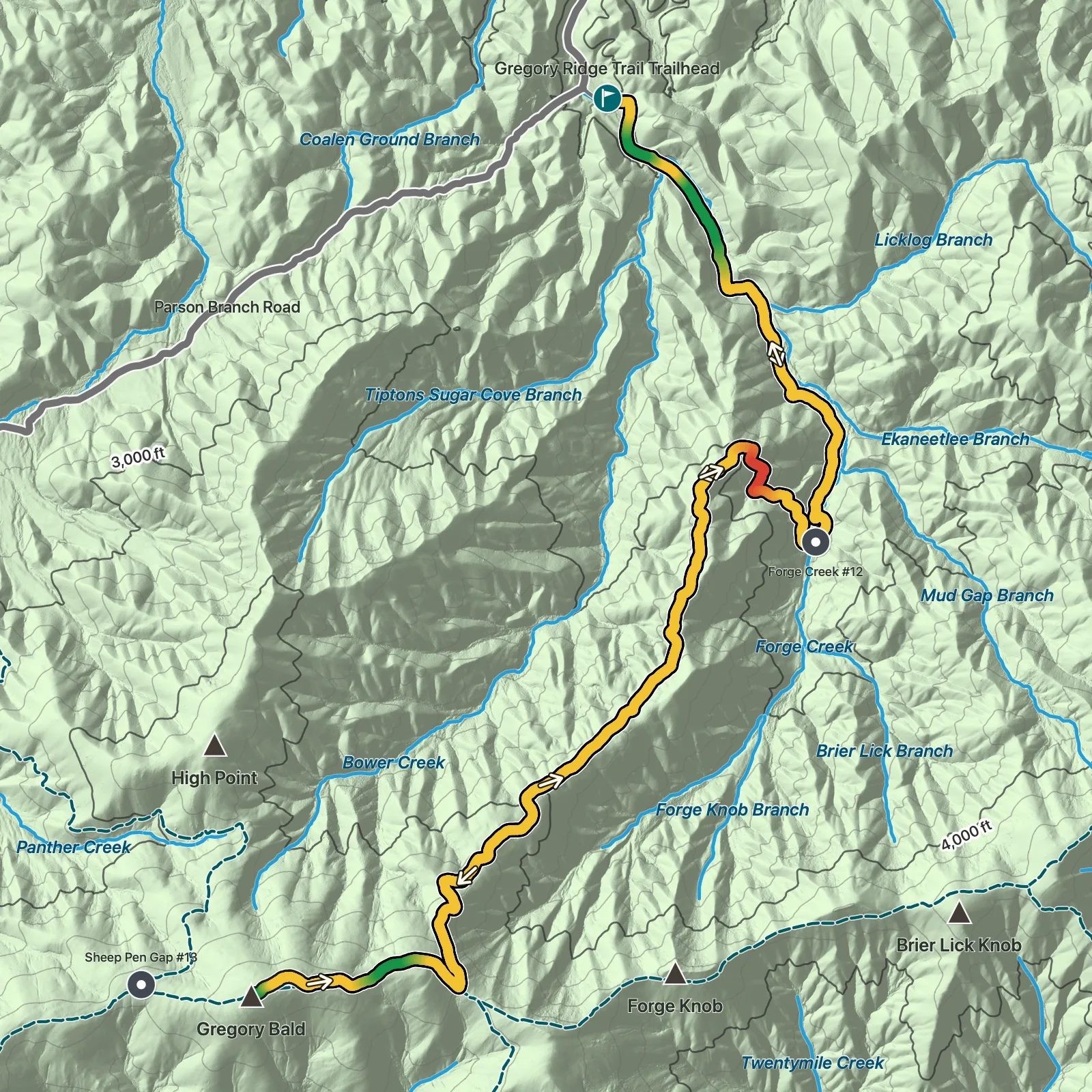 Terrain map showing the Gregory Ridge Trail to Gregory Bald route in Great Smoky Mountains National Park